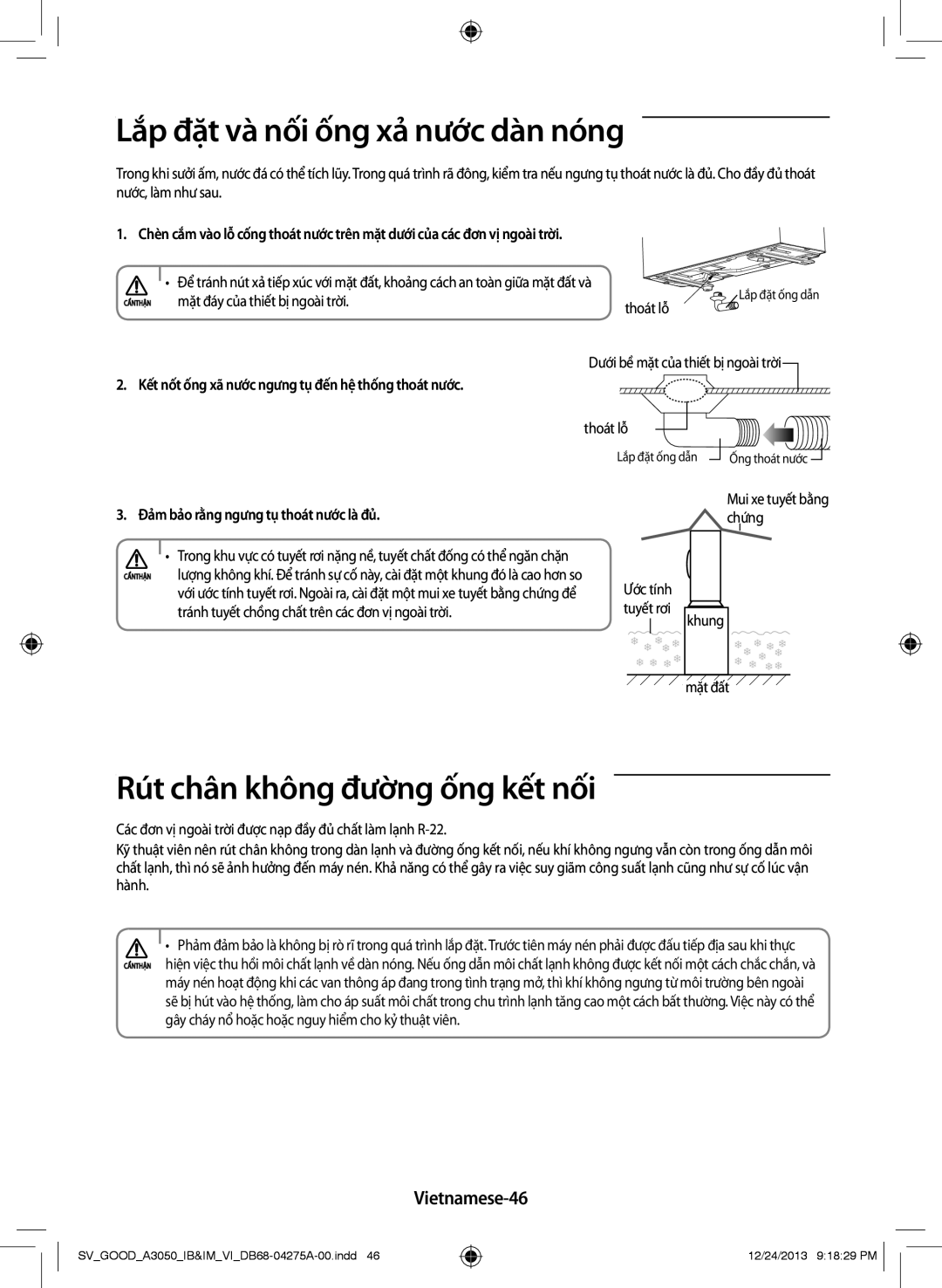 Samsung AR24HPFNSWKXSV manual Lắp đặt và nối ống xả nước dàn nóng, Rút chân không đường ống kết nối, Vietnamese-46 