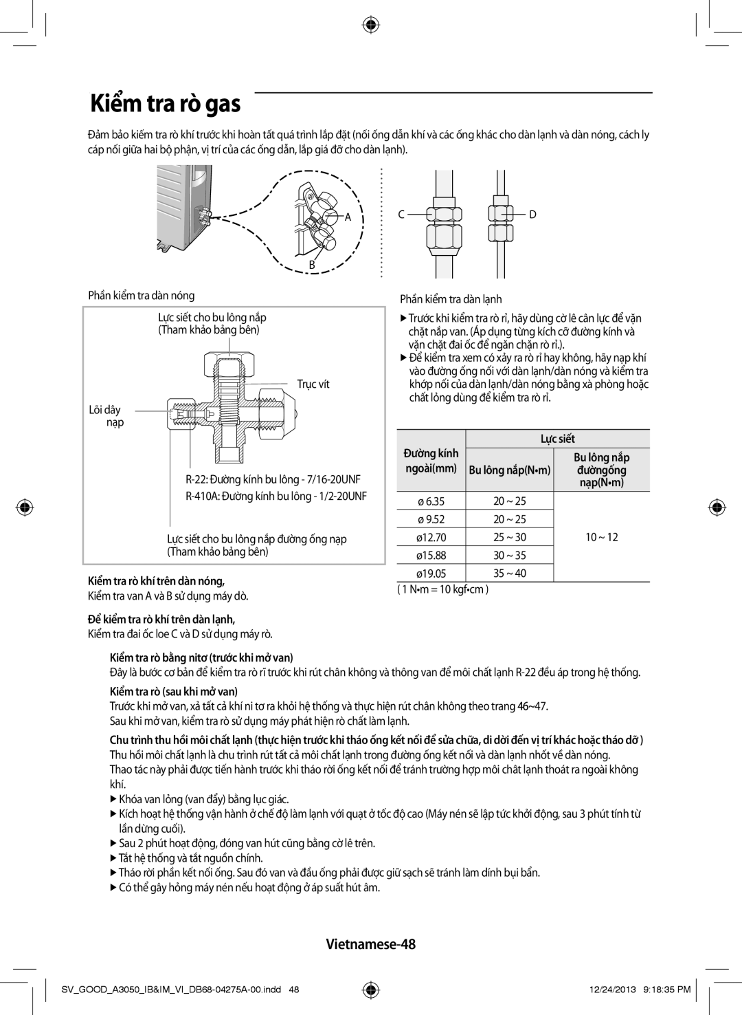 Samsung AR09HCFNSGMXSV, AR18HCFSSURXSV, AR24HPFNSWKNSV, AR12HCFNSGMXSV, AR12HPFNSWKNSV manual Kiểm tra rò gas, Vietnamese-48 