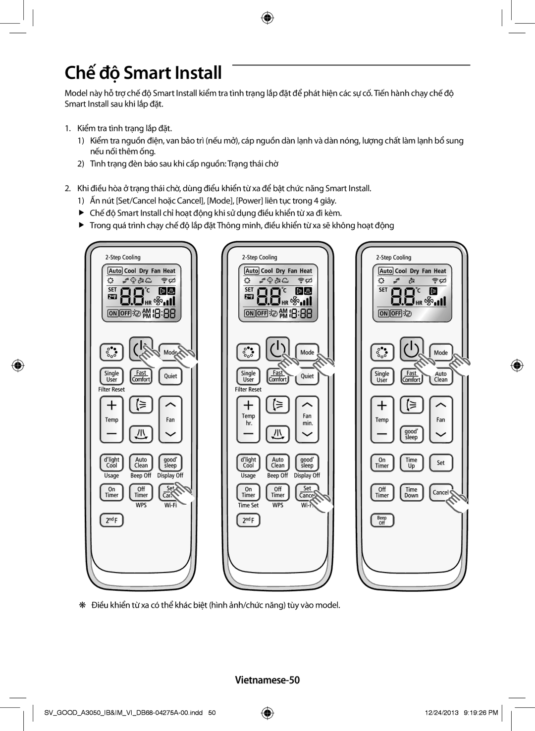 Samsung AR24HPFNSWKNSV, AR09HCFNSGMXSV, AR18HCFSSURXSV, AR12HCFNSGMXSV, AR12HPFNSWKNSV Chế độ Smart Install, Vietnamese-50 