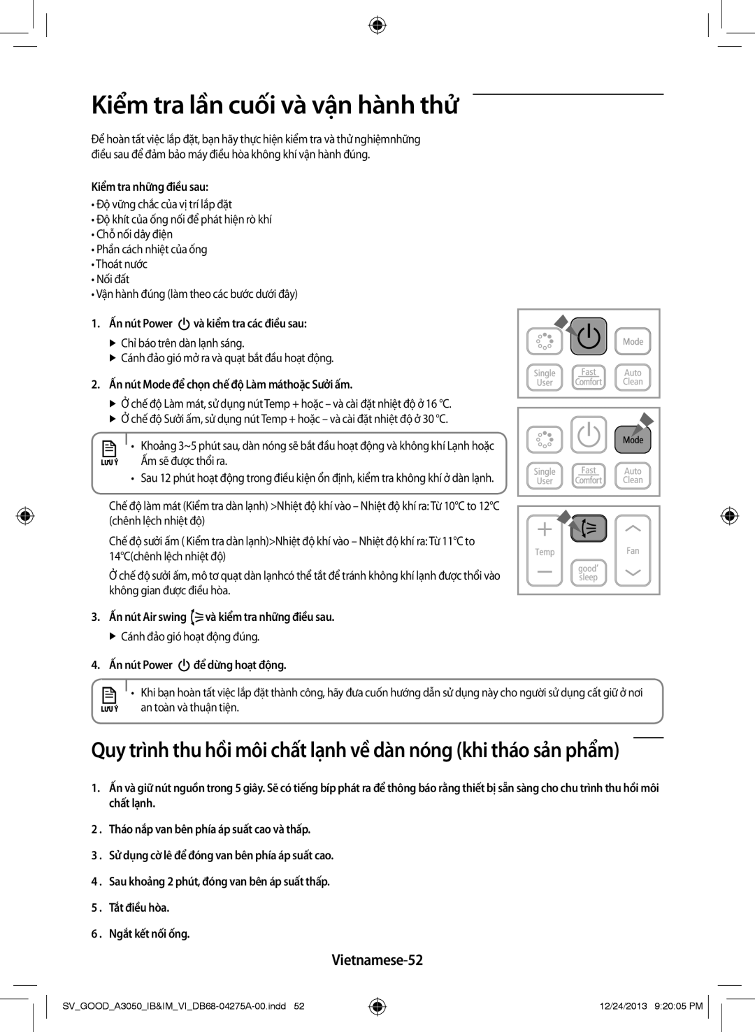 Samsung AR12HPFNSWKNSV, AR09HCFNSGMXSV, AR18HCFSSURXSV, AR24HPFNSWKNSV manual Kiểm tra lần cuối và vận hành thử, Vietnamese-52 