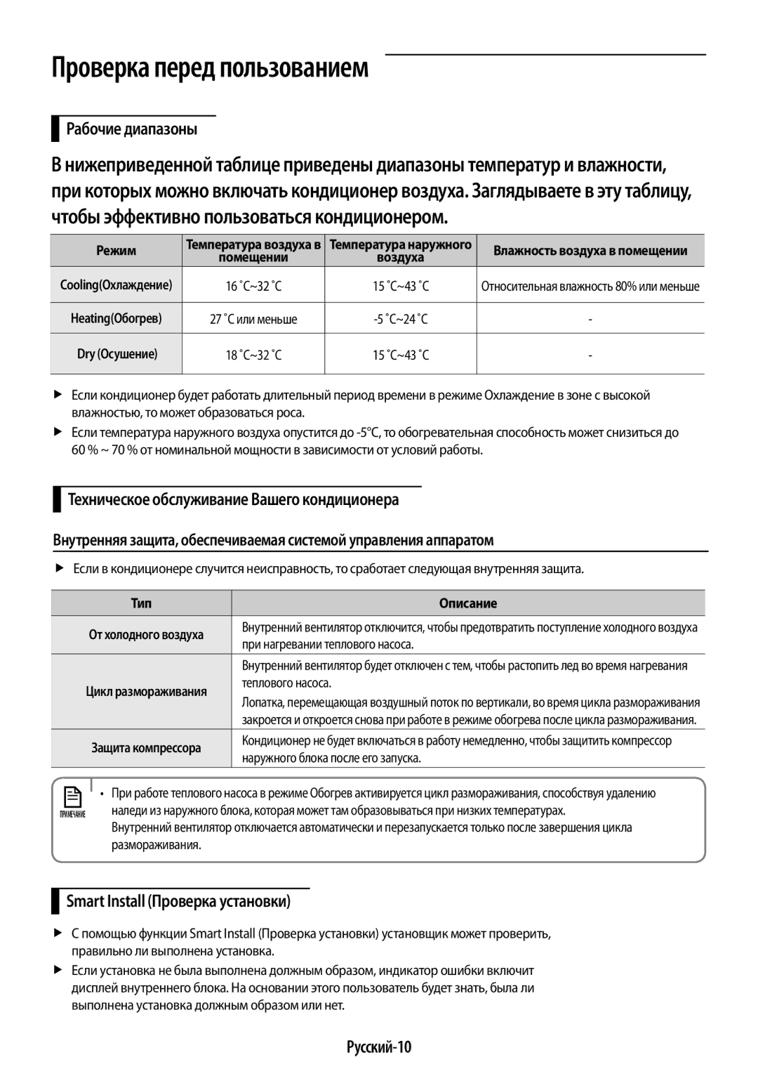 Samsung AR09HQSFAWKNER manual Проверка перед пользованием, Рабочие диапазоны, Smart Install Проверка установки, Русский-10 