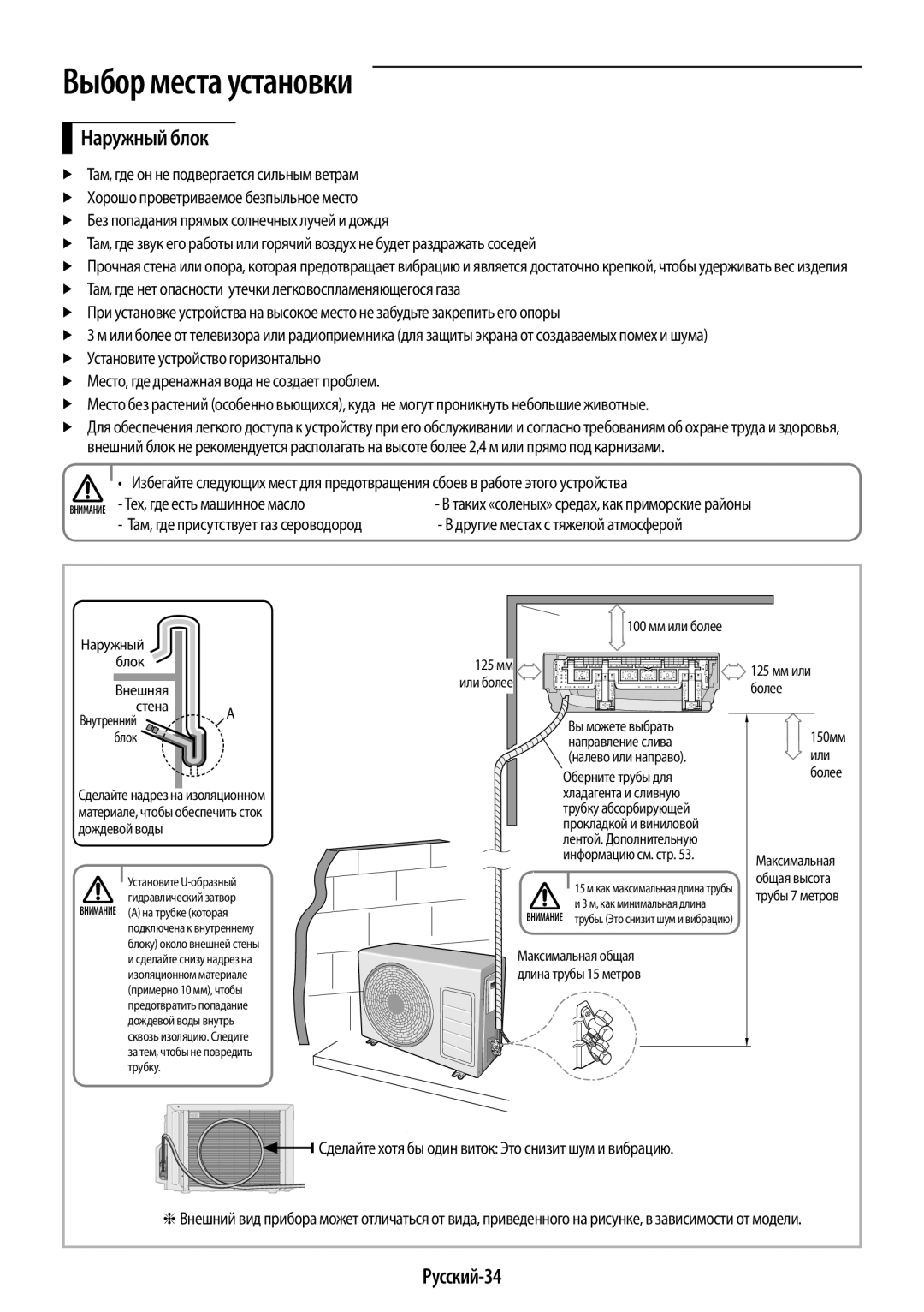 Samsung AR09HQSFAWKNER, AR12HQSFAWKNER manual Наружный блок, Русский-34, Тех, где есть машинное масло 