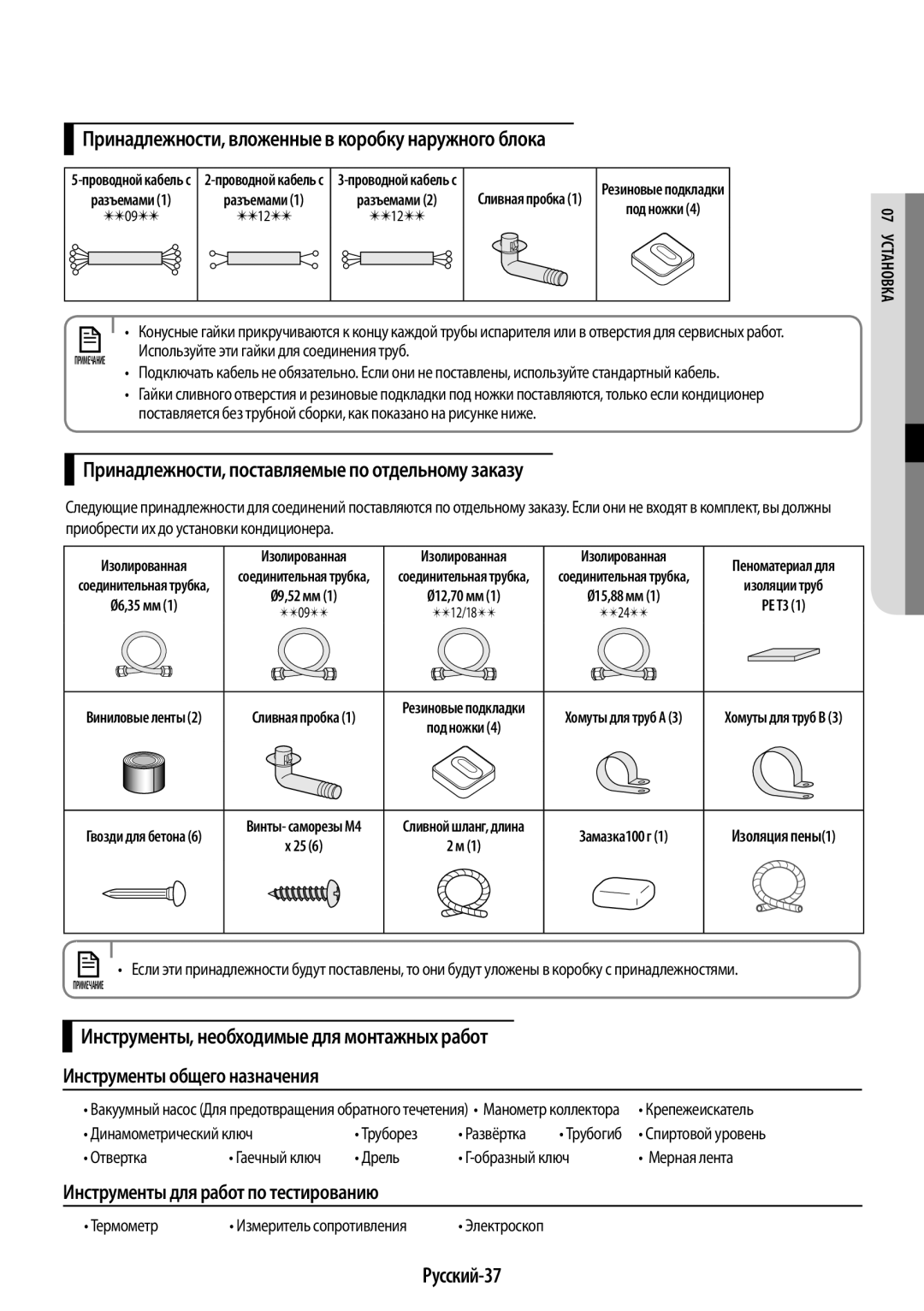 Samsung AR12HQSFAWKNER manual Принадлежности, вложенные в коробку наружного блока, Инструменты для работ по тестированию 