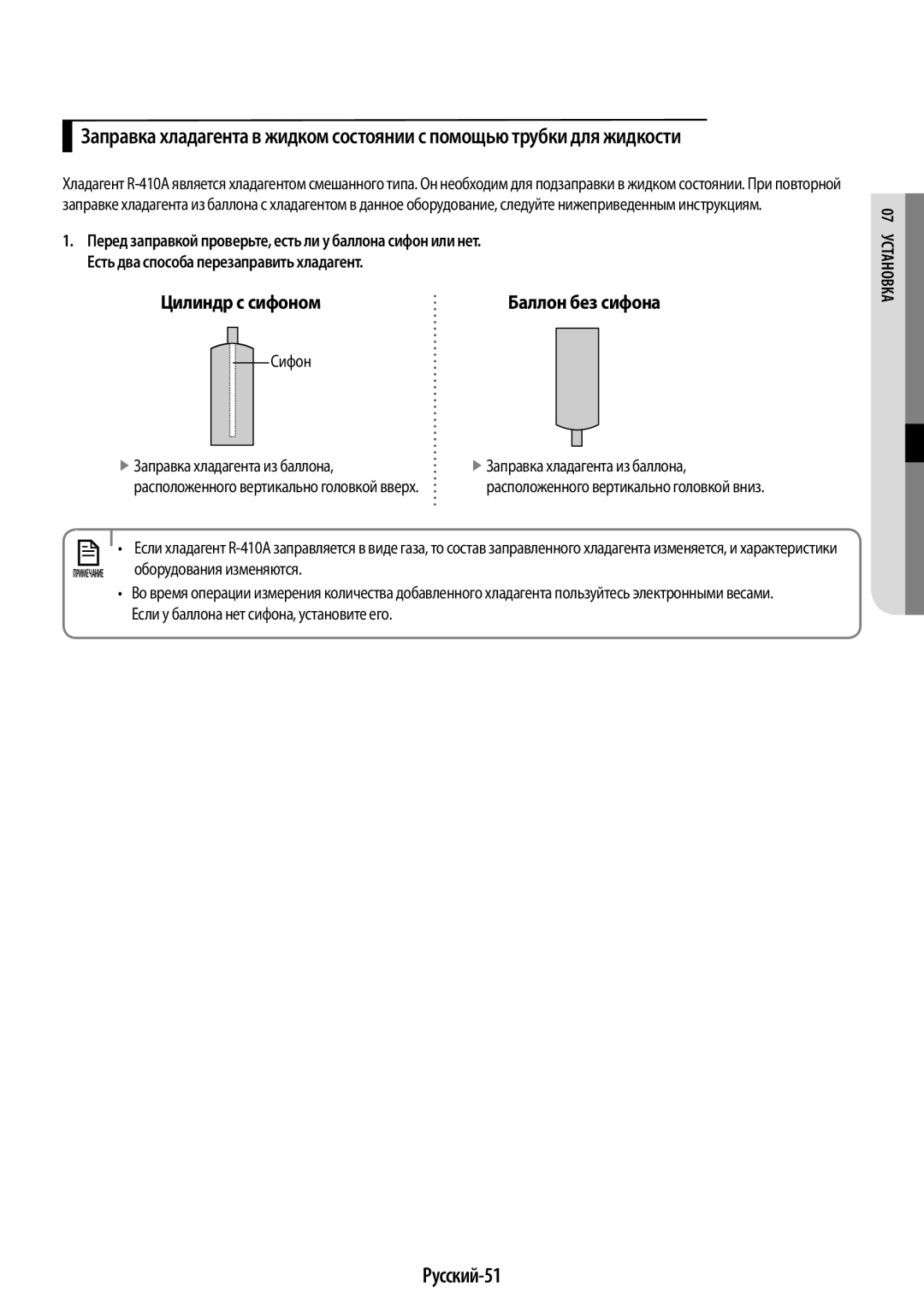 Samsung AR12HQSFAWKNER manual Русский-51, Цилиндр с сифоном, Сифон Заправка хладагента из баллона, Оборудования изменяются 
