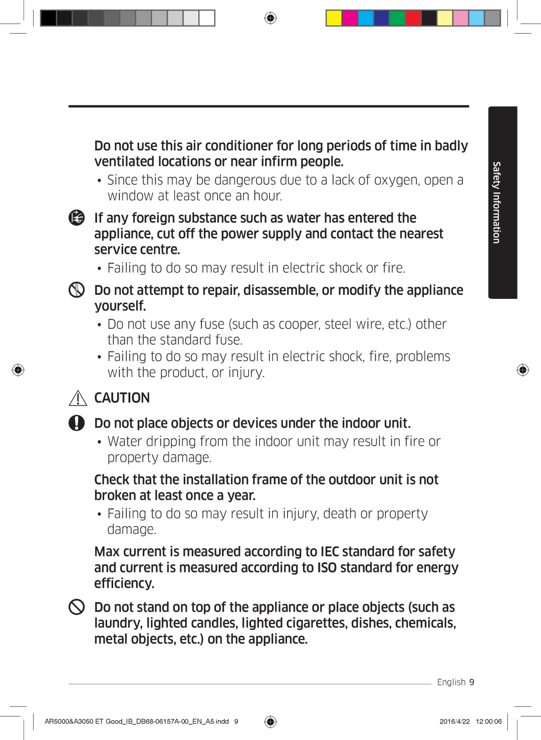 Samsung AR09JSFNCWKNET, AR09HSFNBWKNET, AR12HSFNBWKNET, AR09HSFSBWKNET, AR07HSFNBWKNEU, AR09HSFSBURNET manual Safety Information 