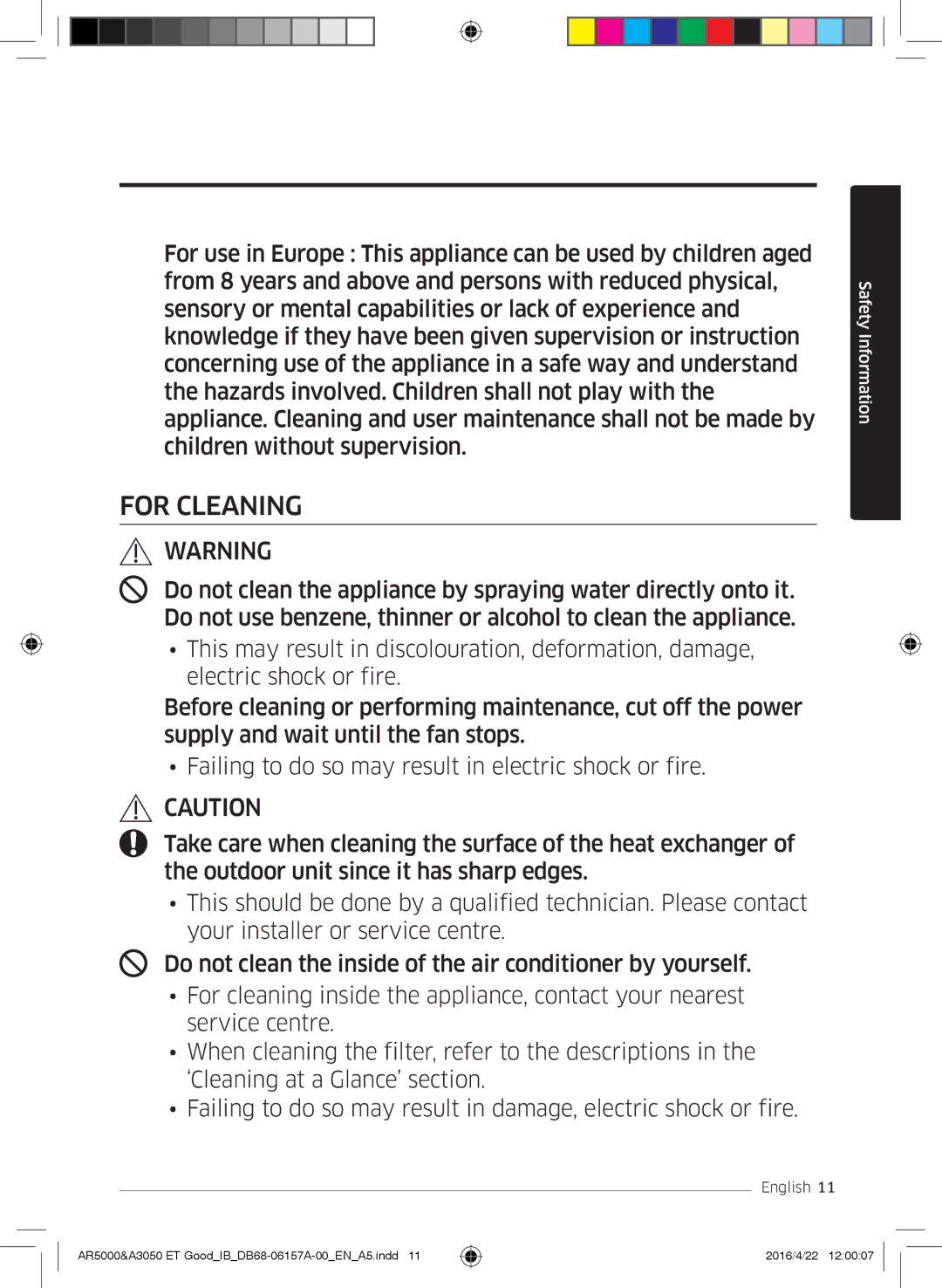 Samsung AR12JSFSBURNET, AR09HSFNBWKNET, AR12HSFNBWKNET, AR09HSFSBWKNET, AR07HSFNBWKNEU, AR09HSFSBURNET manual For Cleaning 