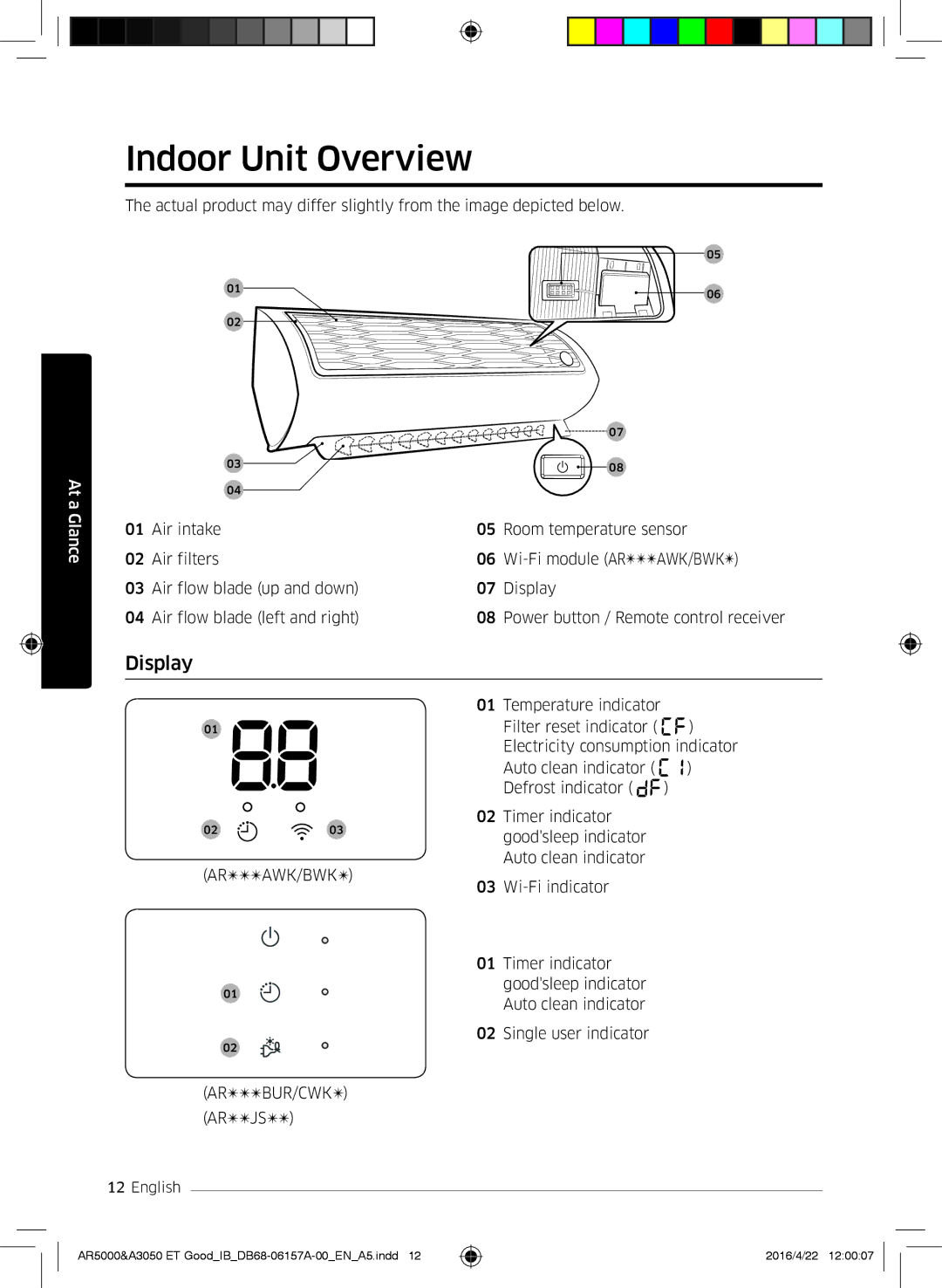 Samsung AR12JSFNCWKNET, AR09HSFNBWKNET, AR12HSFNBWKNET, AR09HSFSBWKNET, AR07HSFNBWKNEU manual Indoor Unit Overview, Display 