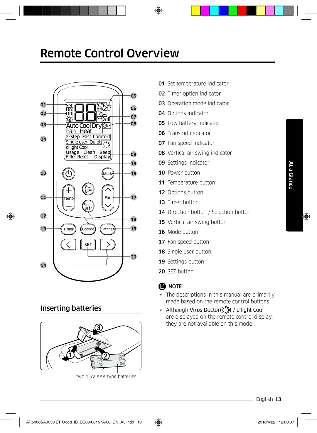 Samsung AR12HSFNCWKNZE, AR09HSFNBWKNET, AR12HSFNBWKNET, AR09HSFSBWKNET manual Remote Control Overview, Inserting batteries 