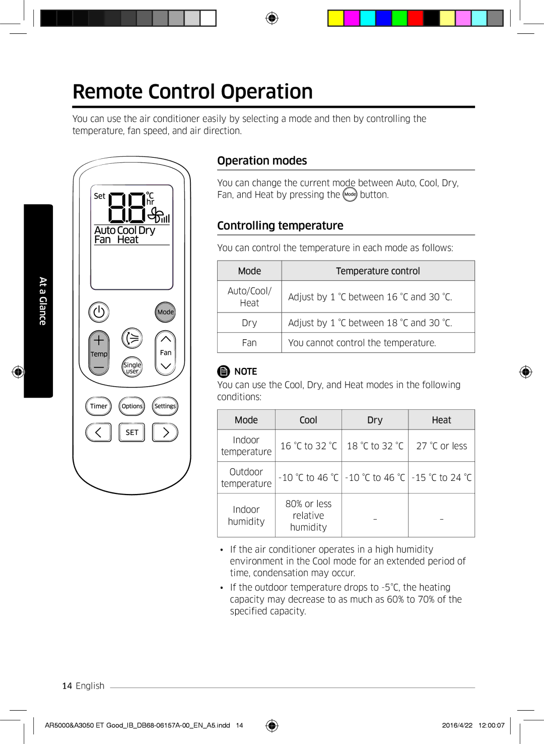 Samsung AR09HSFNCWKNZE, AR09HSFNBWKNET, AR12HSFNBWKNET Remote Control Operation, Operation modes, Controlling temperature 