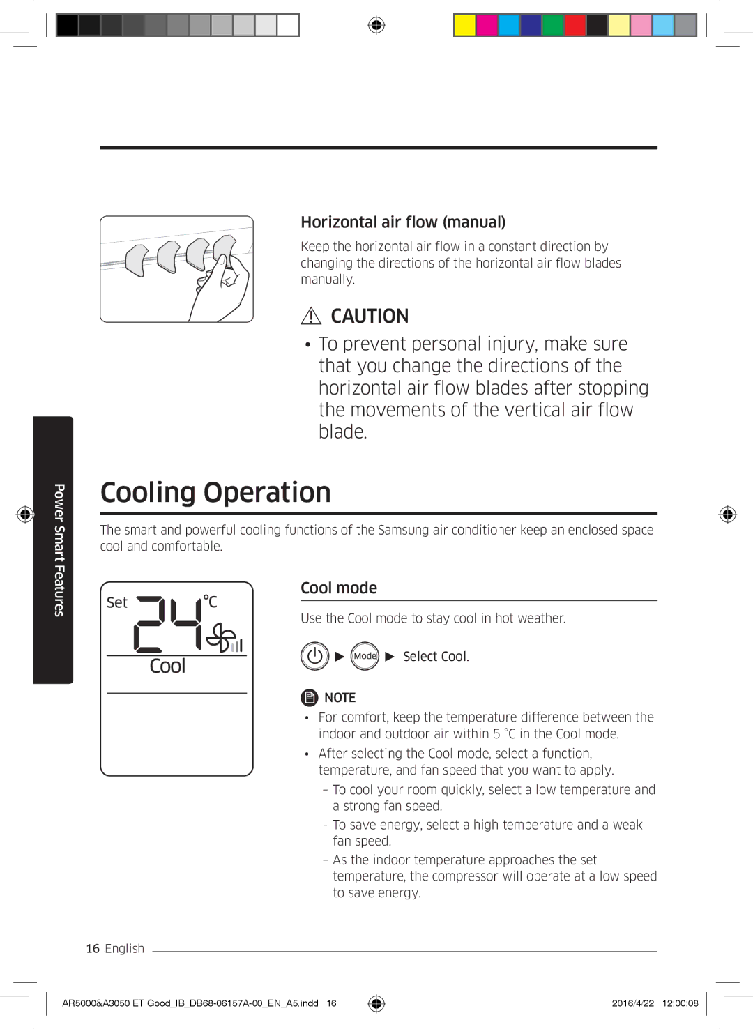 Samsung AR09HSFSBWKNZE, AR09HSFNBWKNET, AR12HSFNBWKNET Cooling Operation, Horizontal air flow manual, Cool mode 