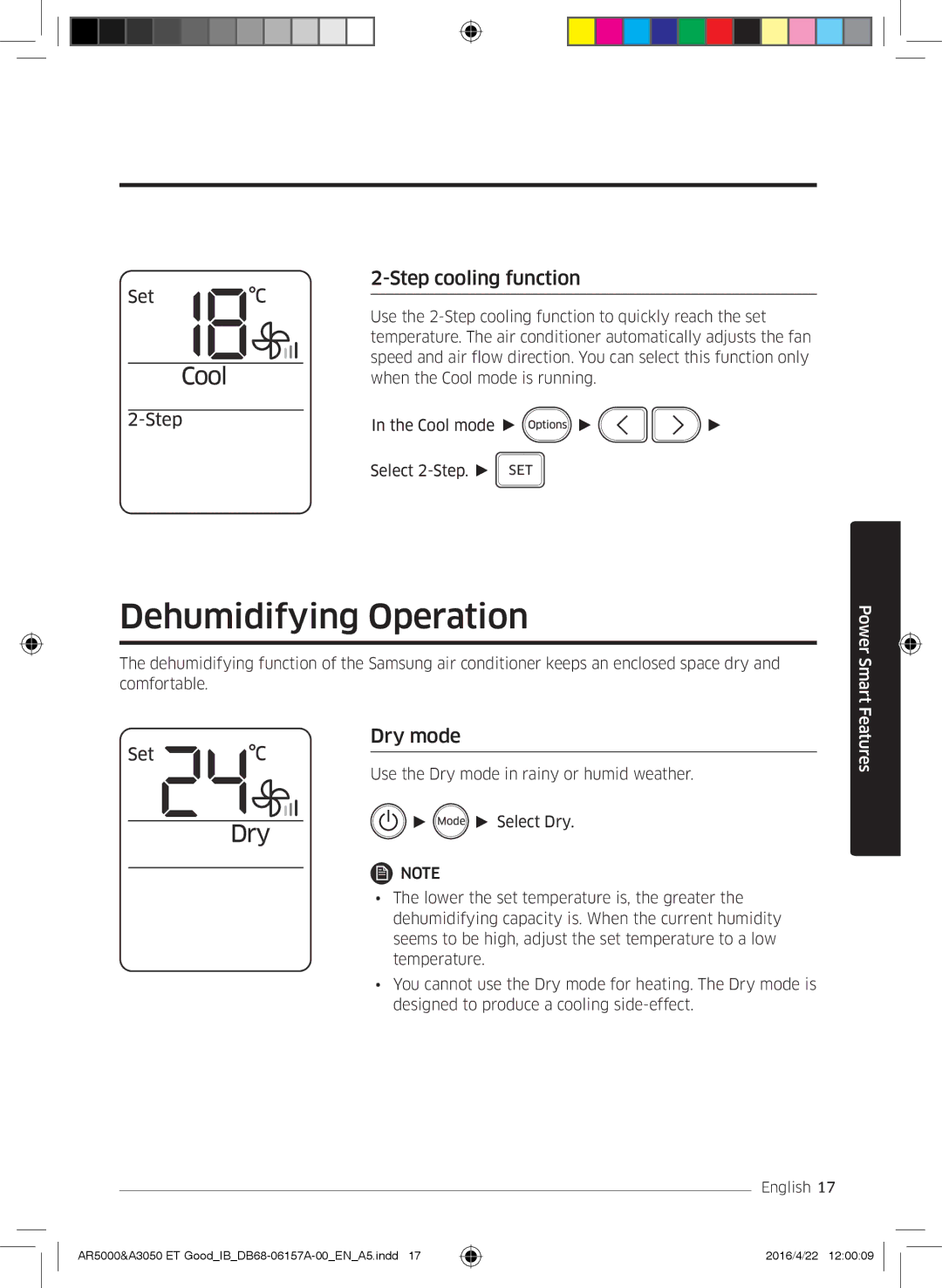 Samsung AR12JSFNCWKNZE, AR09HSFNBWKNET, AR12HSFNBWKNET manual Dehumidifying Operation, Step cooling function, Dry mode 