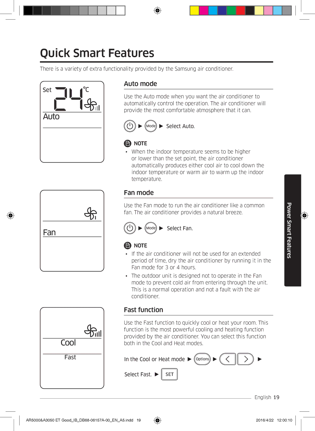 Samsung AR09HSFNBWKNET, AR12HSFNBWKNET, AR09HSFSBWKNET manual Quick Smart Features, Auto mode, Fan mode, Fast function 