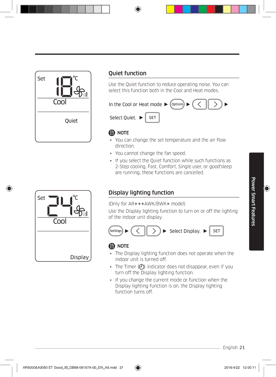 Samsung AR09HSFSBWKNET, AR09HSFNBWKNET, AR12HSFNBWKNET, AR07HSFNBWKNEU manual Quiet function, Display lighting function 