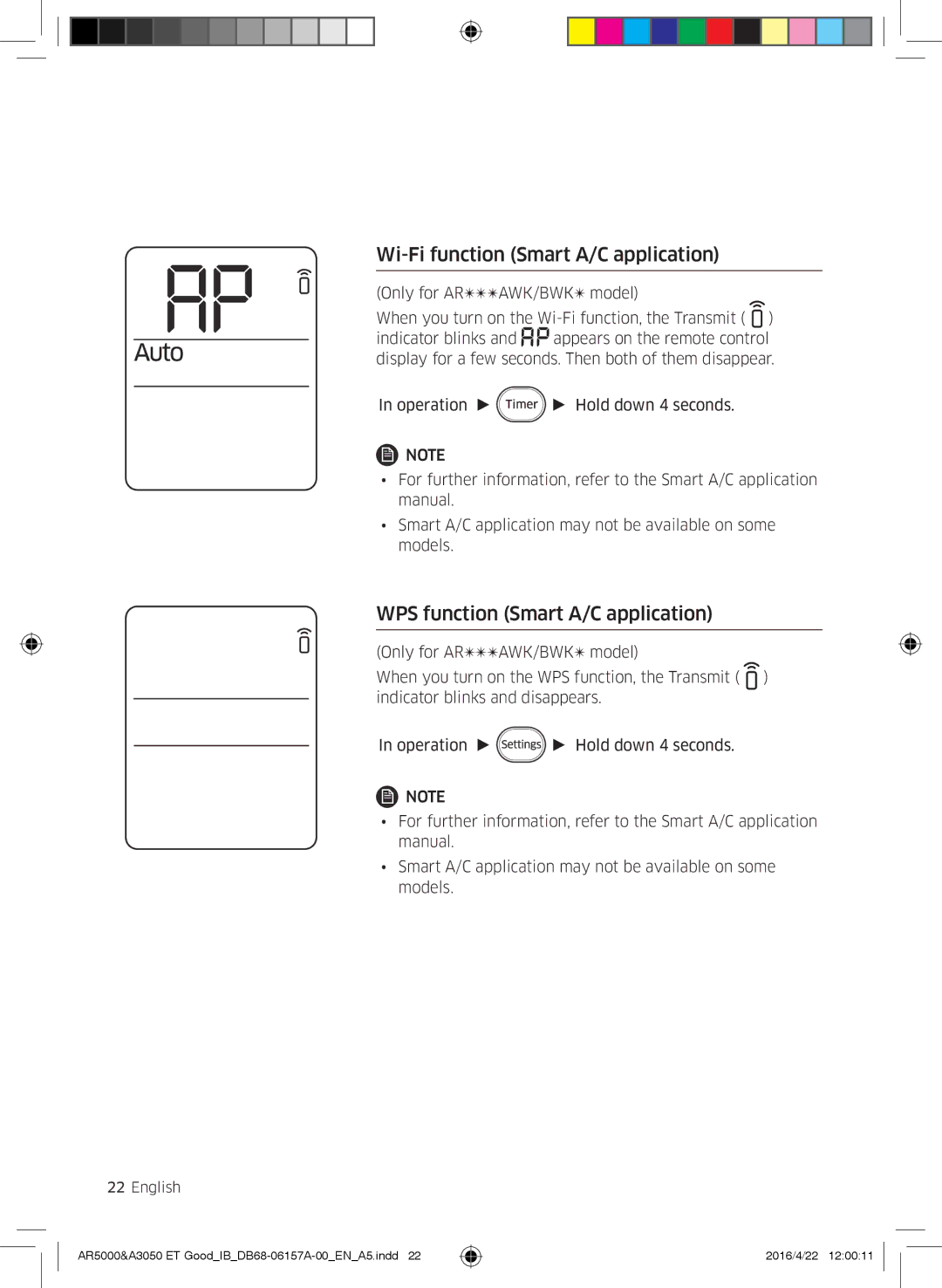 Samsung AR07HSFNBWKNEU, AR09HSFNBWKNET manual Wi-Fi function Smart A/C application, WPS function Smart A/C application 