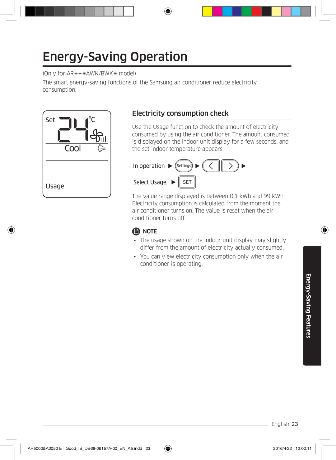 Samsung AR09HSFSBURNET, AR09HSFNBWKNET, AR12HSFNBWKNET manual Energy-Saving Operation, Electricity consumption check 