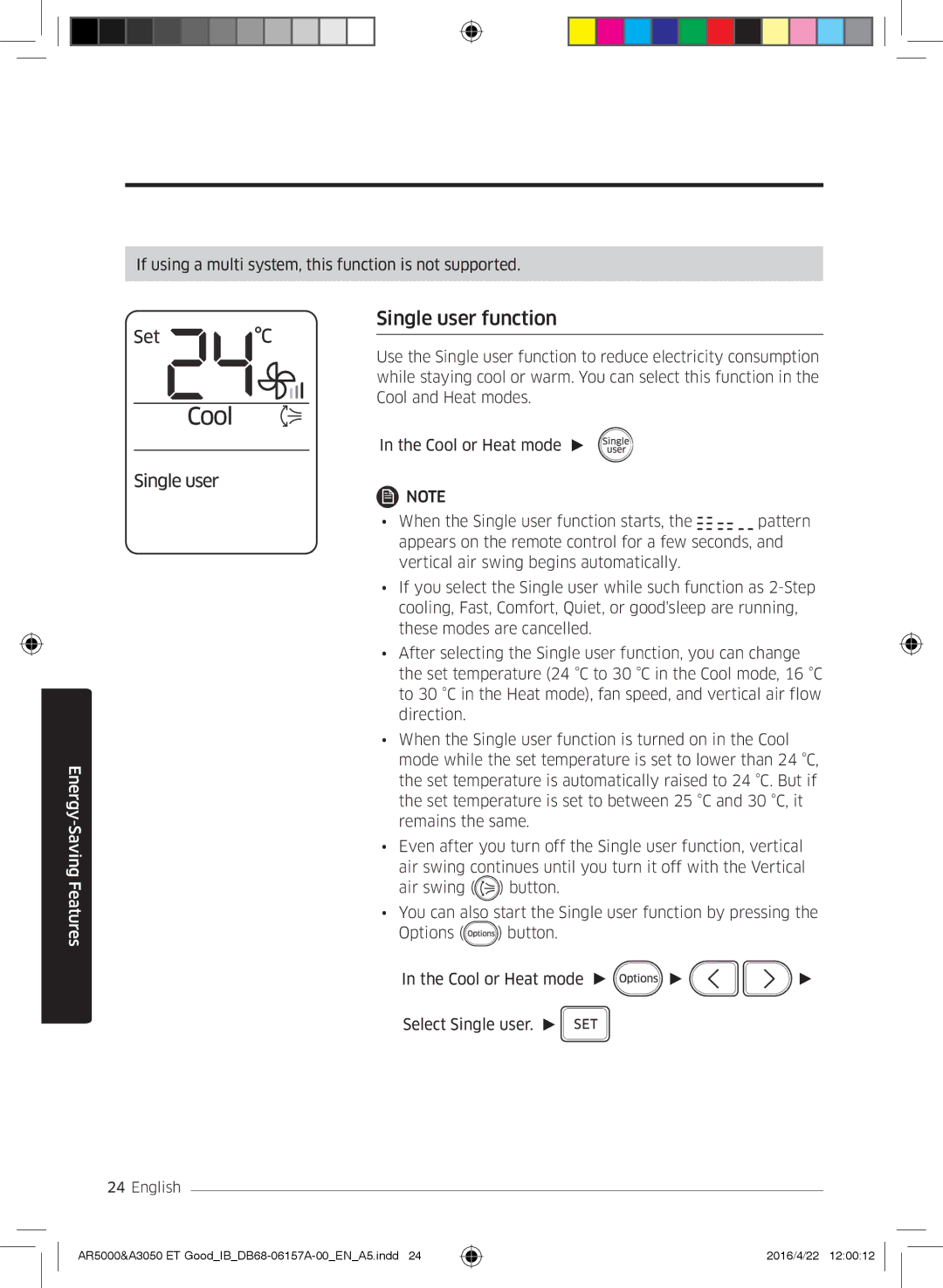 Samsung AR12HSFSAWKNET, AR09HSFNBWKNET, AR12HSFNBWKNET, AR09HSFSBWKNET, AR07HSFNBWKNEU, AR09HSFSBURNET Single user function 