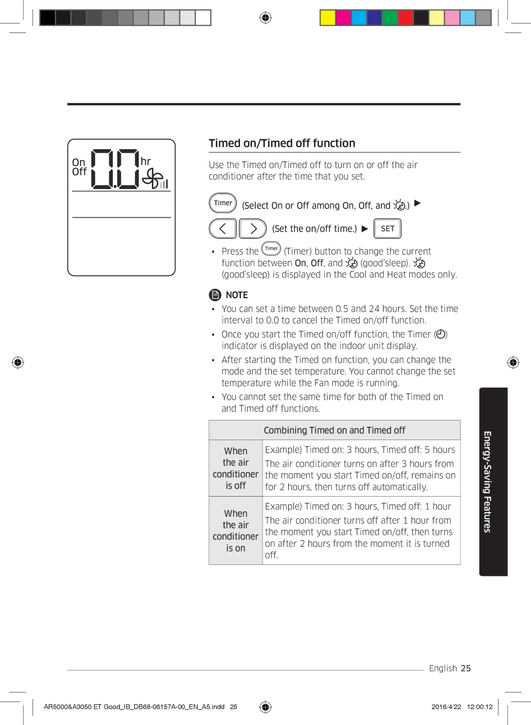 Samsung AR09HSFNCWKNET, AR09HSFNBWKNET, AR12HSFNBWKNET, AR09HSFSBWKNET, AR07HSFNBWKNEU manual Timed on/Timed off function 