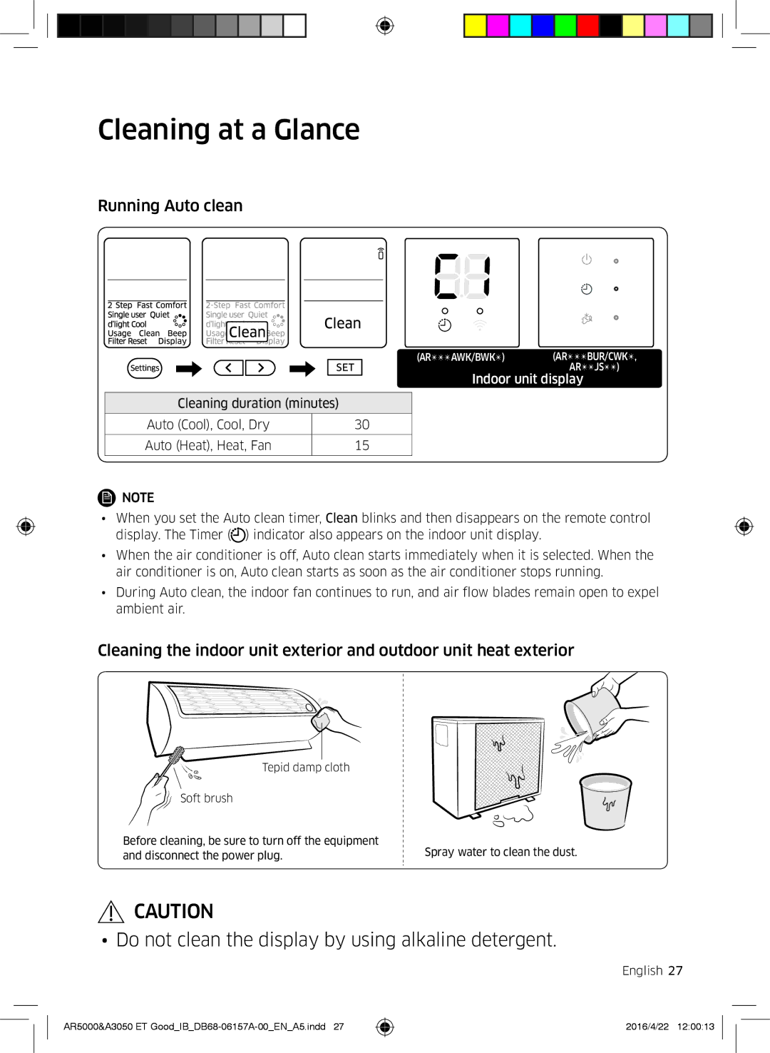 Samsung AR12HSFNCWKNET, AR09HSFNBWKNET, AR12HSFNBWKNET, AR09HSFSBWKNET manual Cleaning at a Glance, Running Auto clean 