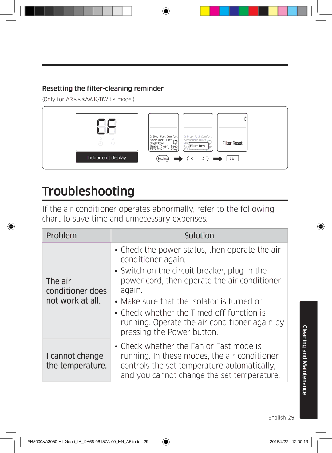 Samsung AR09JSFNCWKNET, AR09HSFNBWKNET, AR12HSFNBWKNET manual Troubleshooting, Resetting the filter-cleaning reminder 