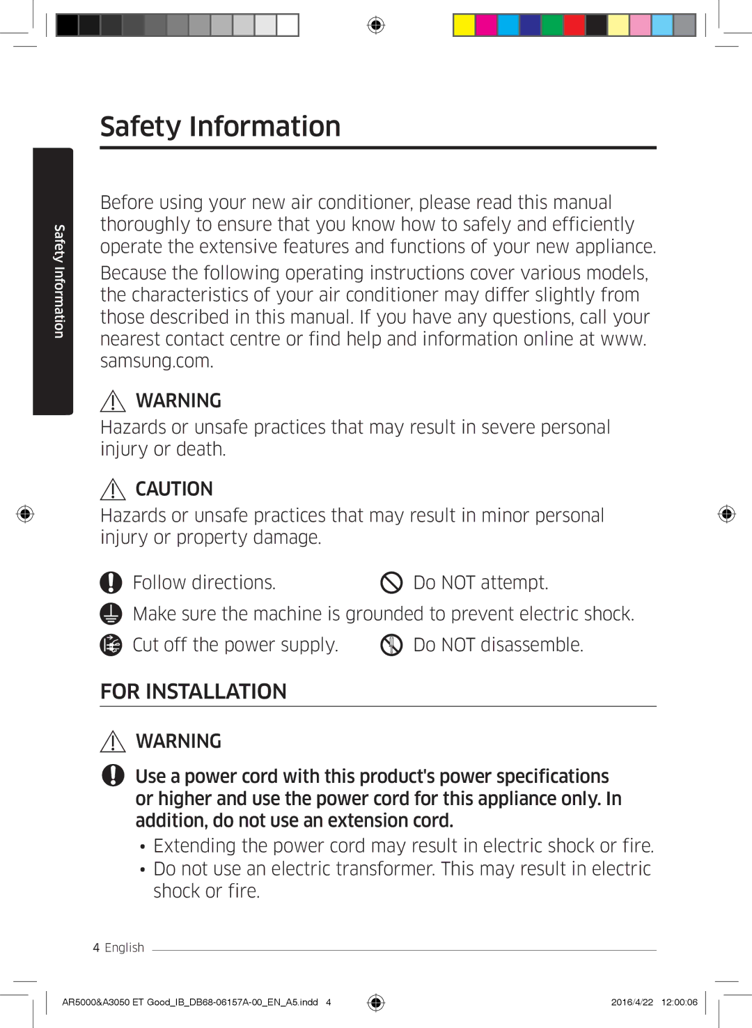 Samsung AR12HSFSAWKNET, AR09HSFNBWKNET, AR12HSFNBWKNET, AR09HSFSBWKNET, AR07HSFNBWKNEU Safety Information, For Installation 