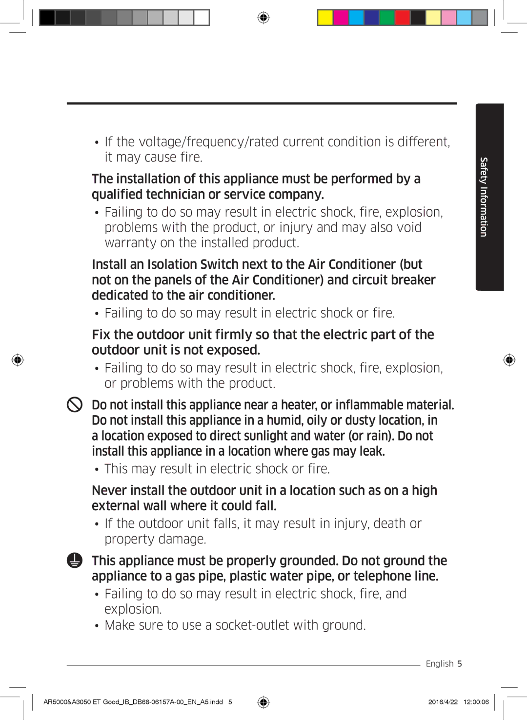 Samsung AR09HSFNCWKNET, AR09HSFNBWKNET, AR12HSFNBWKNET, AR09HSFSBWKNET, AR07HSFNBWKNEU, AR09HSFSBURNET manual Safety Information 