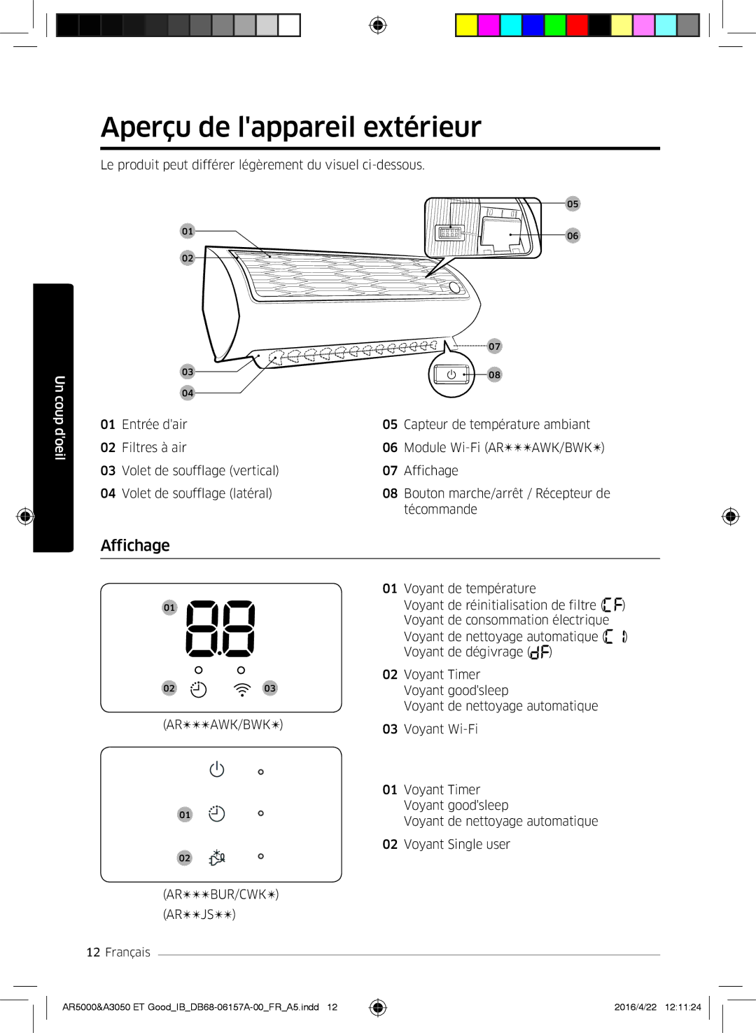 Samsung AR07HSFNBWKNEU, AR09HSFNBWKNET, AR12HSFNBWKNET, AR09HSFSBWKNET manual Aperçu de lappareil extérieur, Affichage 