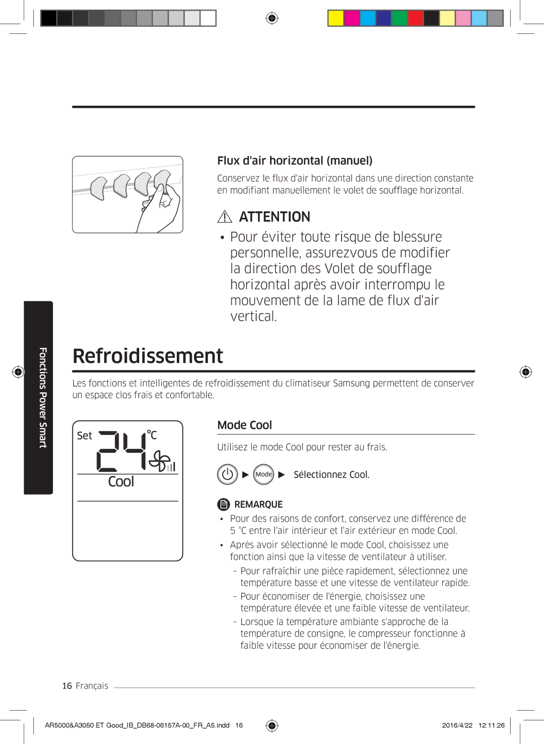 Samsung AR07HSFSAWKNEU, AR09HSFNBWKNET, AR12HSFNBWKNET manual Refroidissement, Flux dair horizontal manuel, Mode Cool 