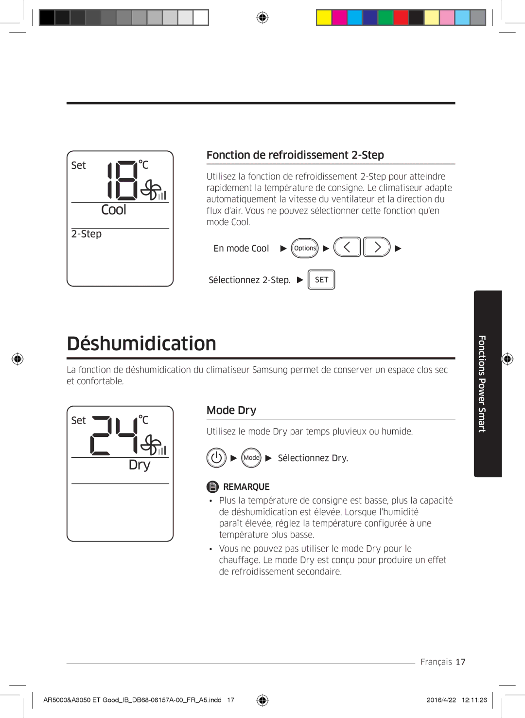 Samsung AR12HSFNCWKNET, AR09HSFNBWKNET, AR12HSFNBWKNET manual Déshumidication, Fonction de refroidissement 2-Step, Mode Dry 