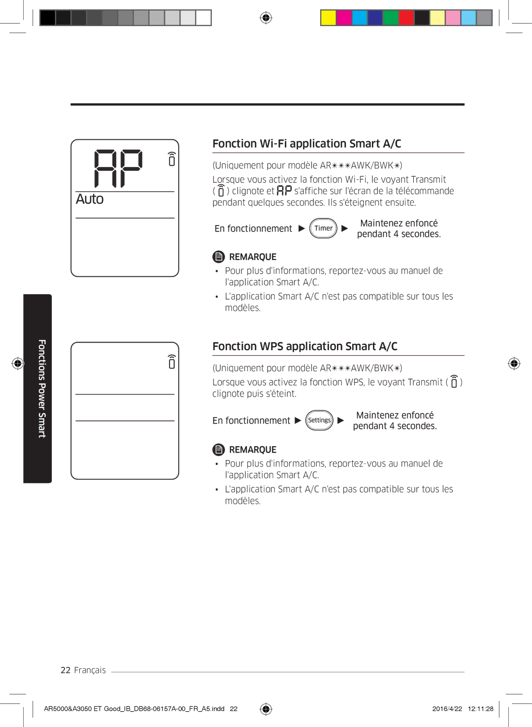 Samsung AR07HSFNBWKNEU, AR09HSFNBWKNET manual Fonction Wi-Fi application Smart A/C, Fonction WPS application Smart A/C 