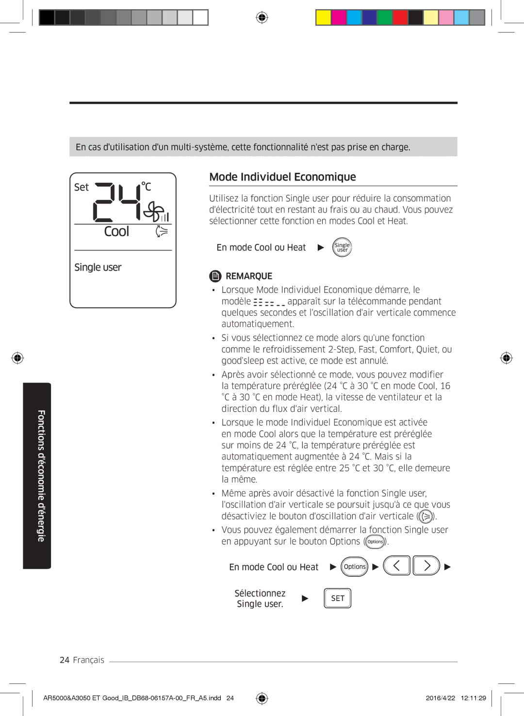 Samsung AR12HSFSAWKNET, AR09HSFNBWKNET, AR12HSFNBWKNET, AR09HSFSBWKNET, AR07HSFNBWKNEU manual Mode Individuel Economique 