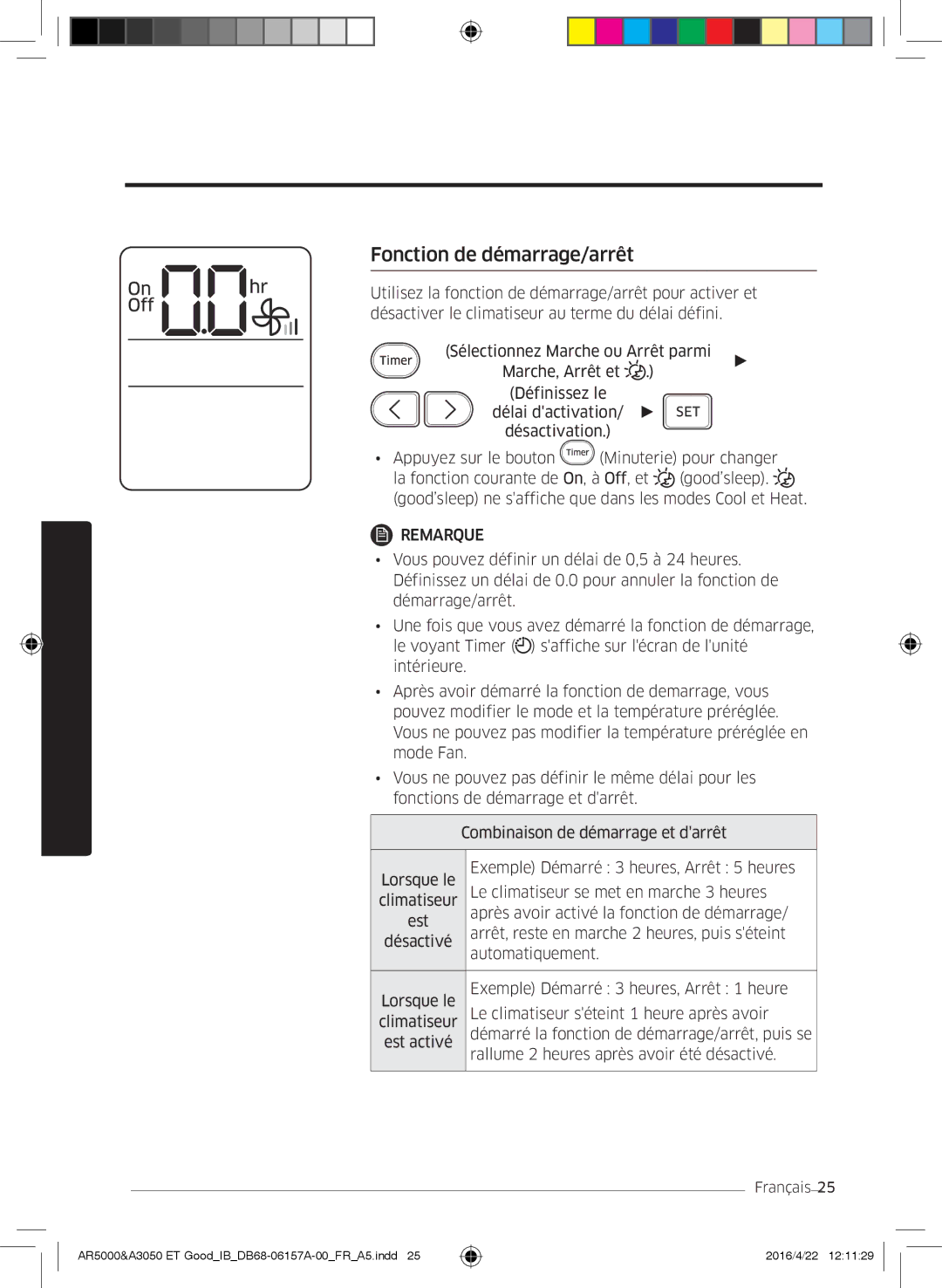 Samsung AR09HSFNCWKNET, AR09HSFNBWKNET, AR12HSFNBWKNET, AR09HSFSBWKNET, AR07HSFNBWKNEU manual Fonction de démarrage/arrêt 