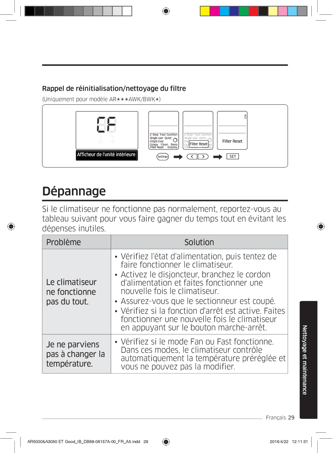 Samsung AR09HSFNBWKNET, AR12HSFNBWKNET, AR09HSFSBWKNET manual Dépannage, Rappel de réinitialisation/nettoyage du filtre 