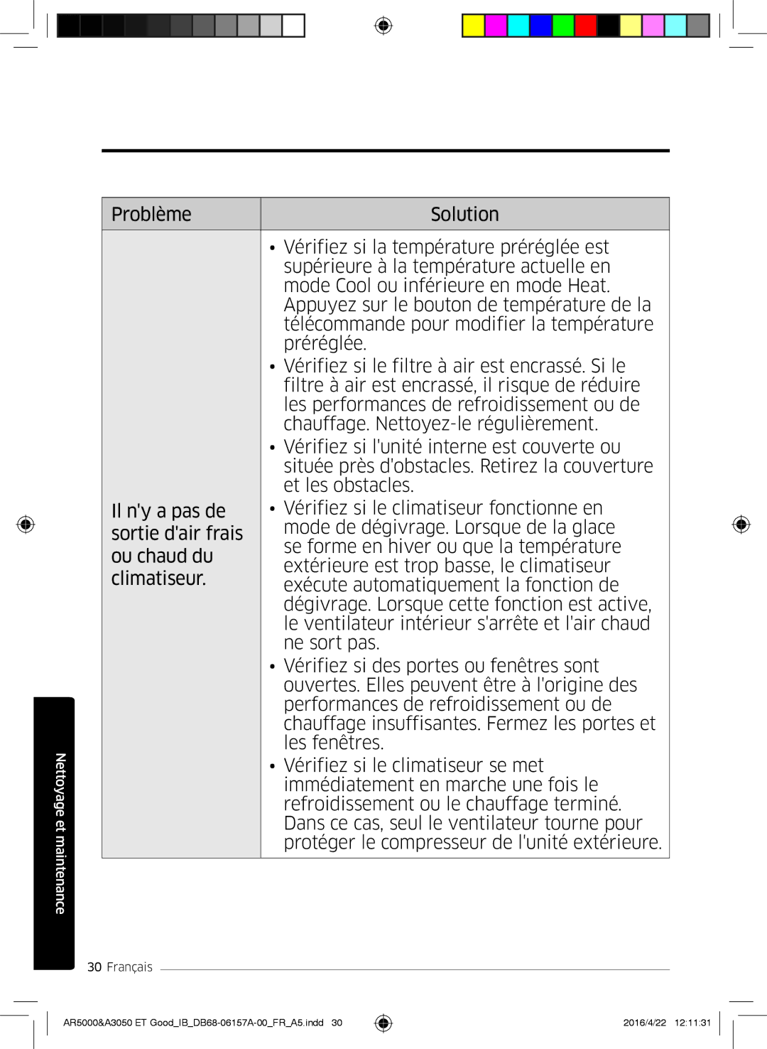 Samsung AR12HSFNBWKNET, AR09HSFNBWKNET, AR09HSFSBWKNET, AR07HSFNBWKNEU, AR09HSFSBURNET manual Nettoyage et maintenance 