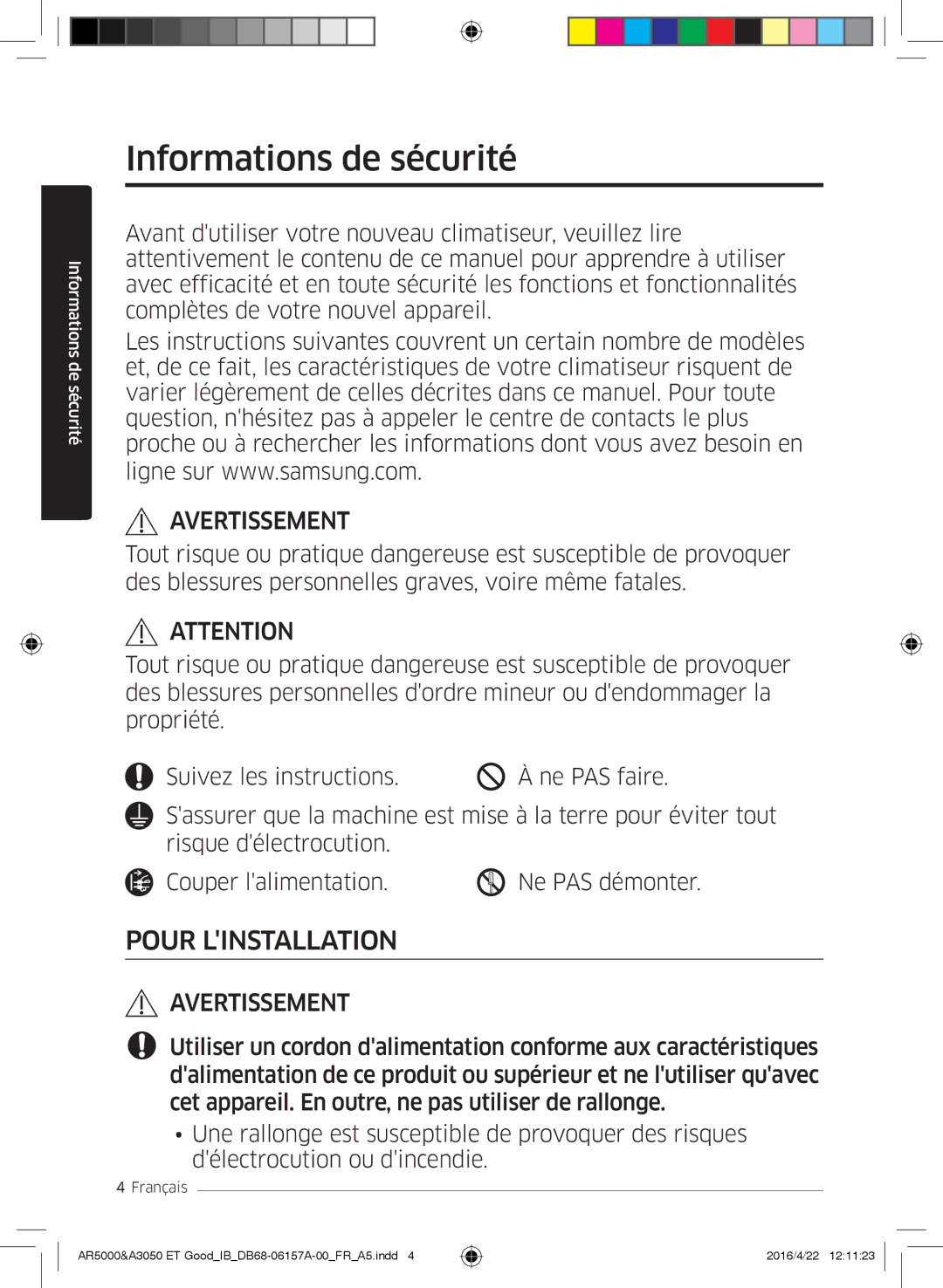 Samsung AR12HSFSAWKNET, AR09HSFNBWKNET, AR12HSFNBWKNET, AR09HSFSBWKNET manual Informations de sécurité, Avertissement 