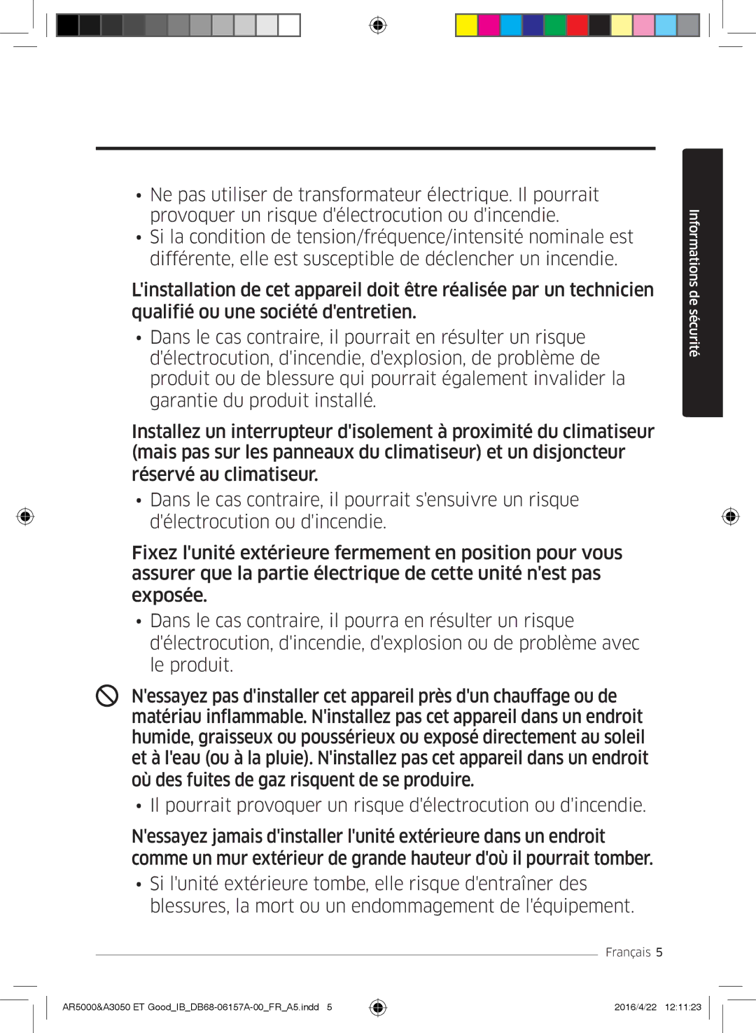 Samsung AR09HSFNCWKNET, AR09HSFNBWKNET, AR12HSFNBWKNET, AR09HSFSBWKNET, AR07HSFNBWKNEU manual Informations de sécurité 