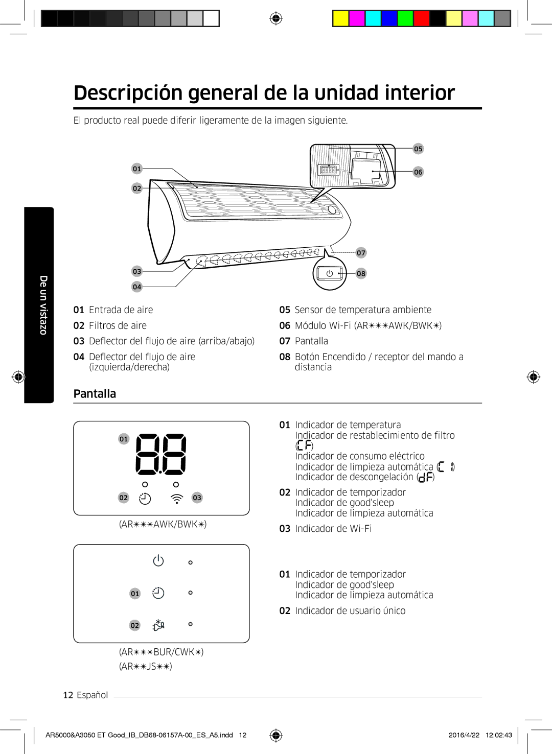 Samsung AR12JSFNCWKNET, AR09HSFNBWKNET, AR12HSFNBWKNET, AR09HSFSBWKNET Descripción general de la unidad interior, Pantalla 