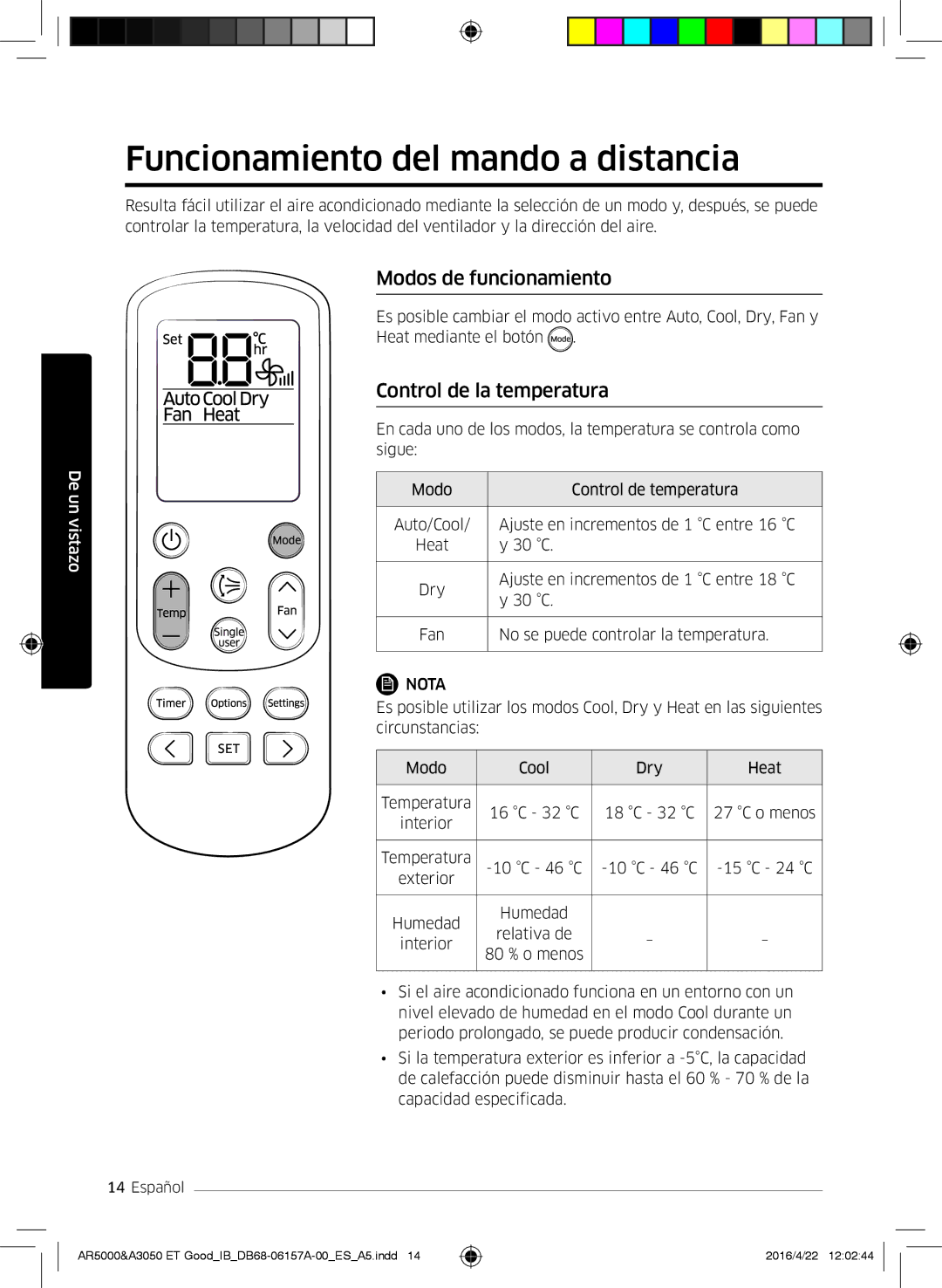 Samsung AR12HSFNBWKNET manual Funcionamiento del mando a distancia, Modos de funcionamiento, Control de la temperatura 