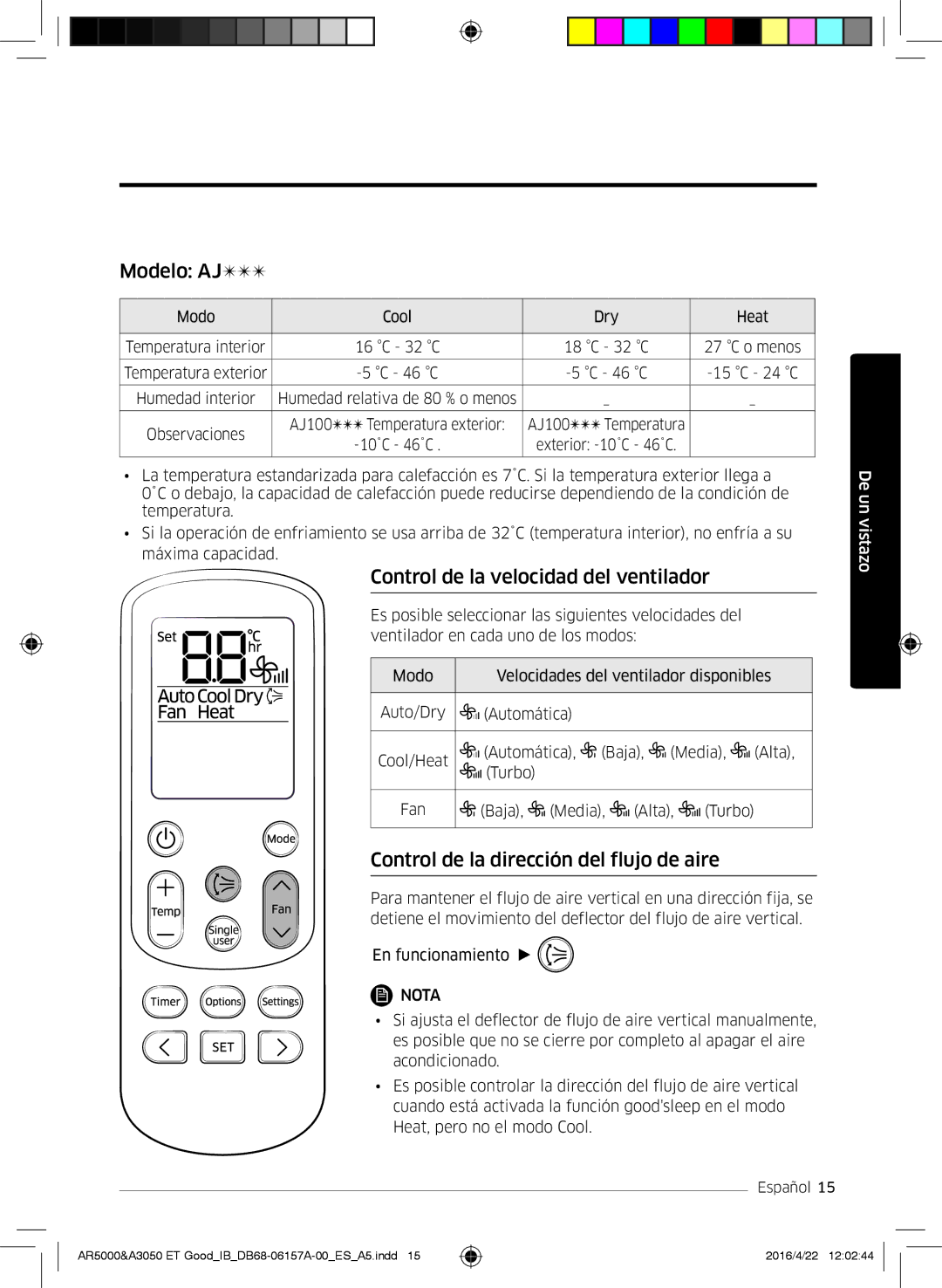 Samsung AR09HSFSBWKNET Modelo AJ, Control de la velocidad del ventilador, Control de la dirección del flujo de aire 