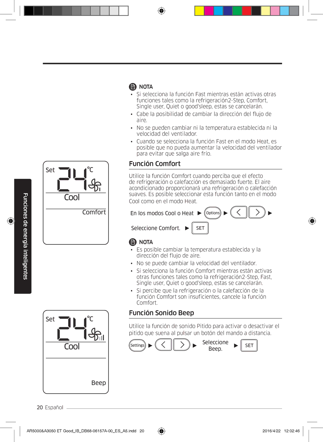 Samsung AR07HSFSAWKNEU, AR09HSFNBWKNET, AR12HSFNBWKNET, AR09HSFSBWKNET, AR07HSFNBWKNEU Función Comfort, Función Sonido Beep 