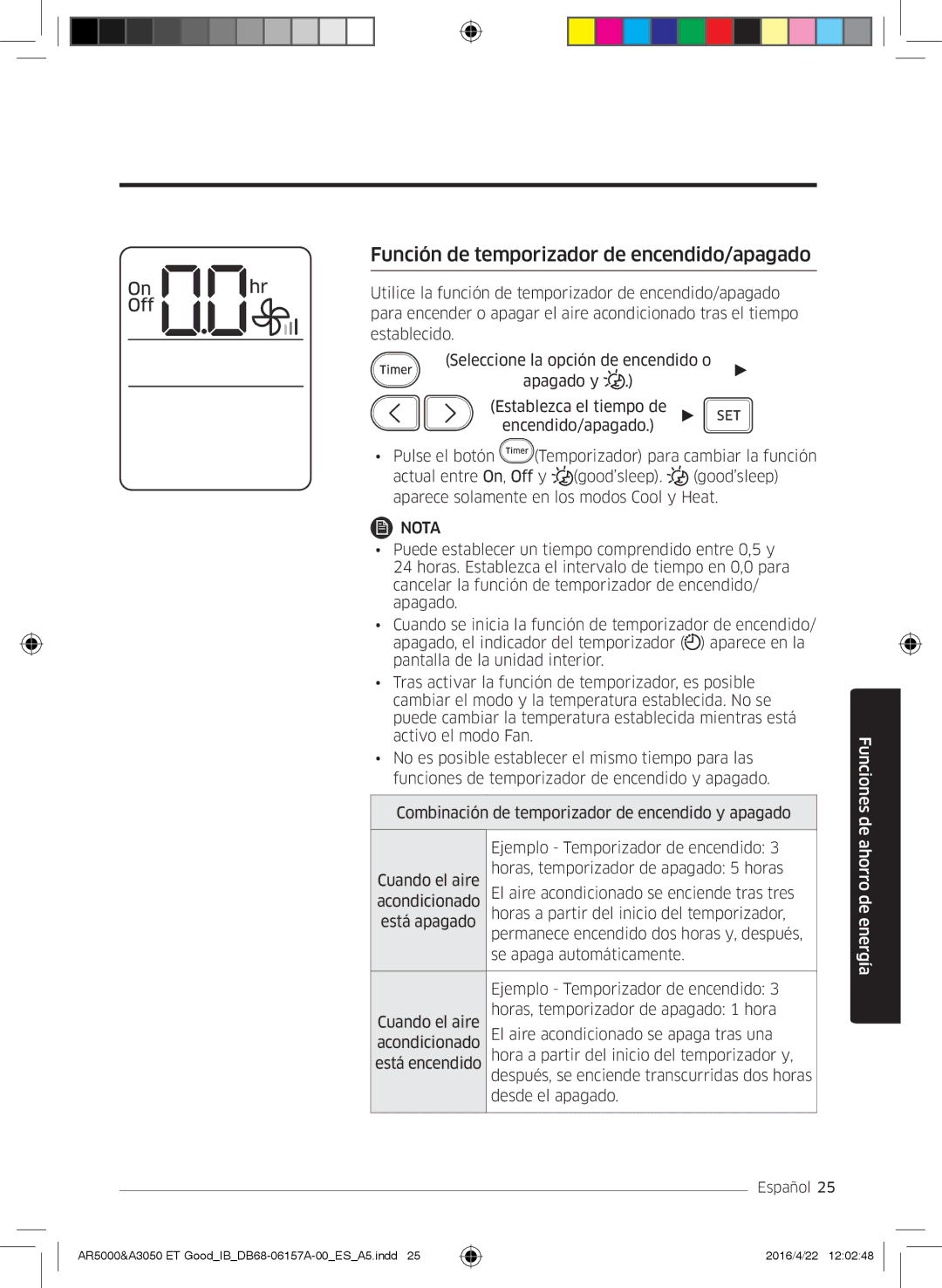 Samsung AR12JSFSBURNET, AR09HSFNBWKNET, AR12HSFNBWKNET, AR09HSFSBWKNET manual Función de temporizador de encendido/apagado 