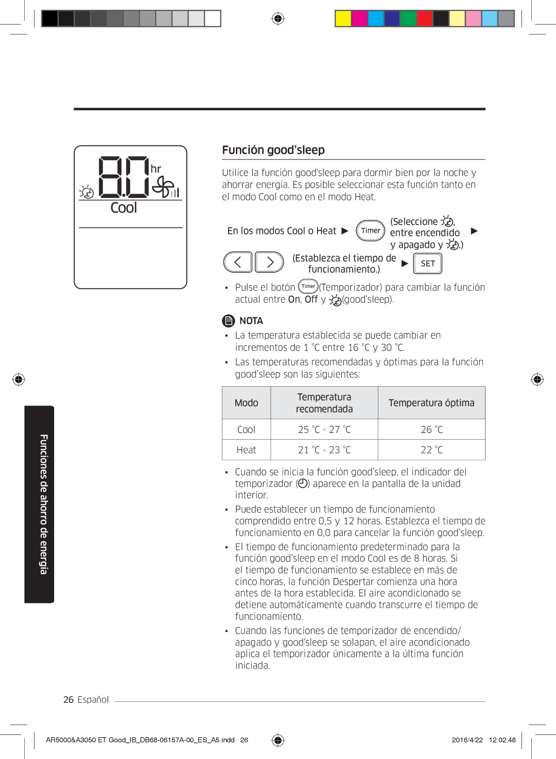 Samsung AR12JSFNCWKNET, AR09HSFNBWKNET, AR12HSFNBWKNET, AR09HSFSBWKNET, AR07HSFNBWKNEU, AR09HSFSBURNET manual Función good’sleep 