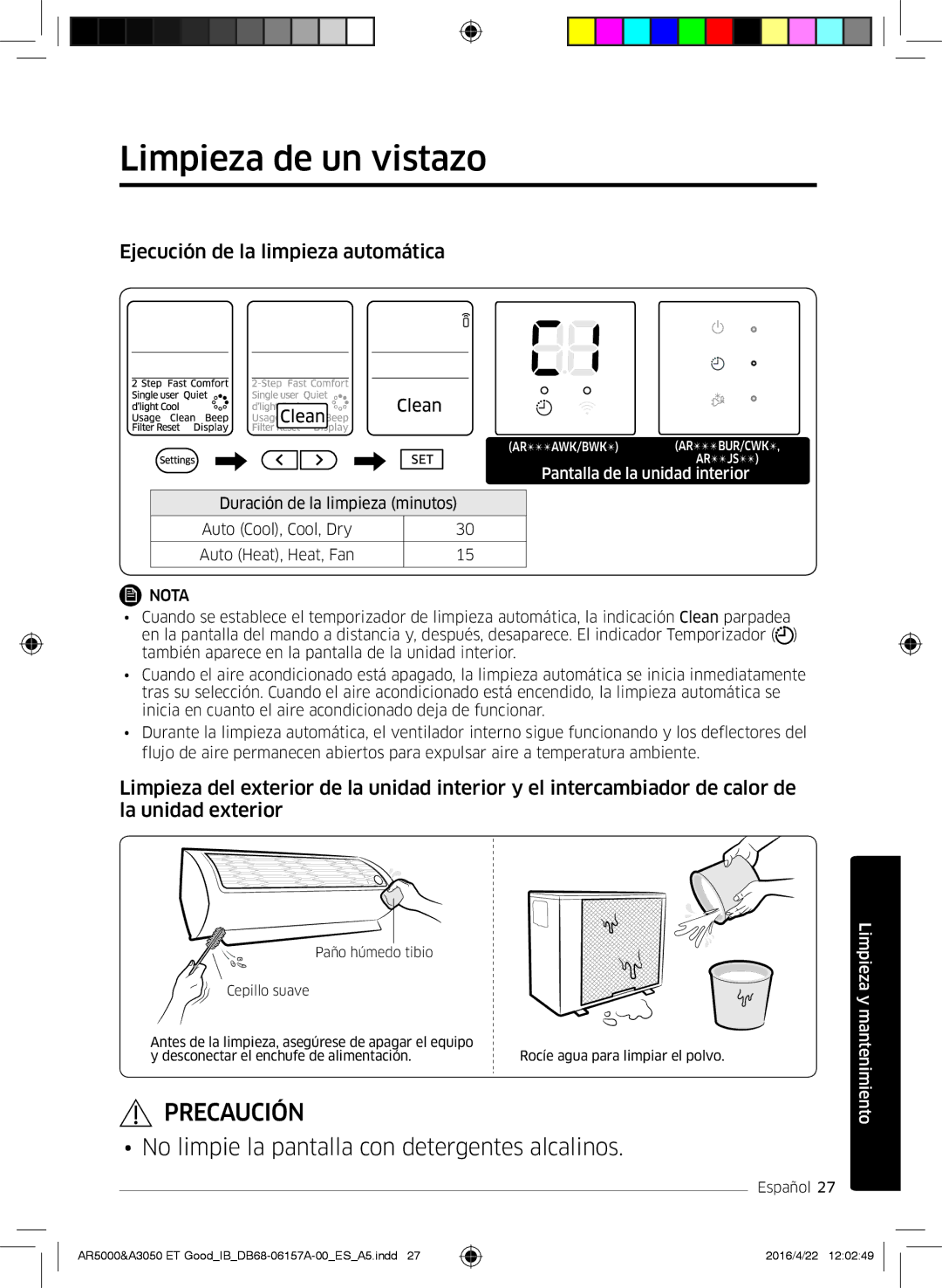 Samsung AR09HSFNBWKNET, AR12HSFNBWKNET, AR09HSFSBWKNET manual Limpieza de un vistazo, Ejecución de la limpieza automática 