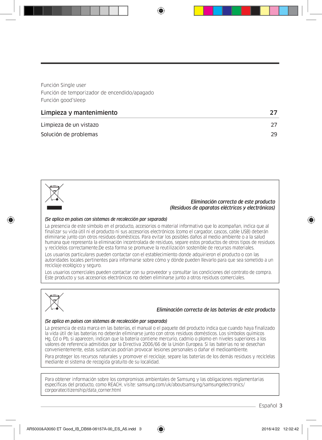 Samsung AR09HSFSBURNET, AR09HSFNBWKNET, AR12HSFNBWKNET, AR09HSFSBWKNET, AR07HSFNBWKNEU manual Limpieza y mantenimiento 