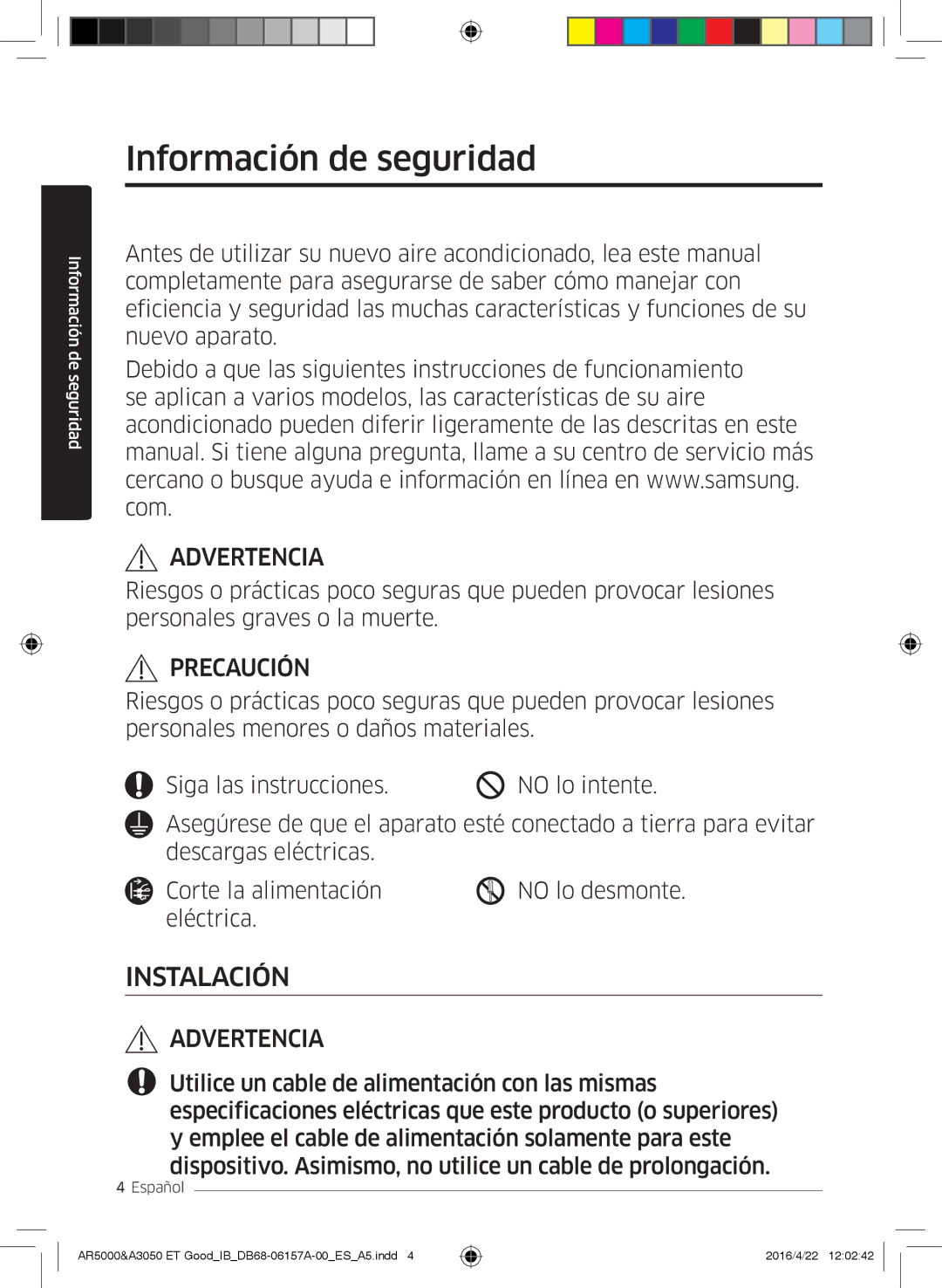 Samsung AR12HSFSAWKNET, AR09HSFNBWKNET, AR12HSFNBWKNET, AR09HSFSBWKNET, AR07HSFNBWKNEU Información de seguridad, Advertencia 