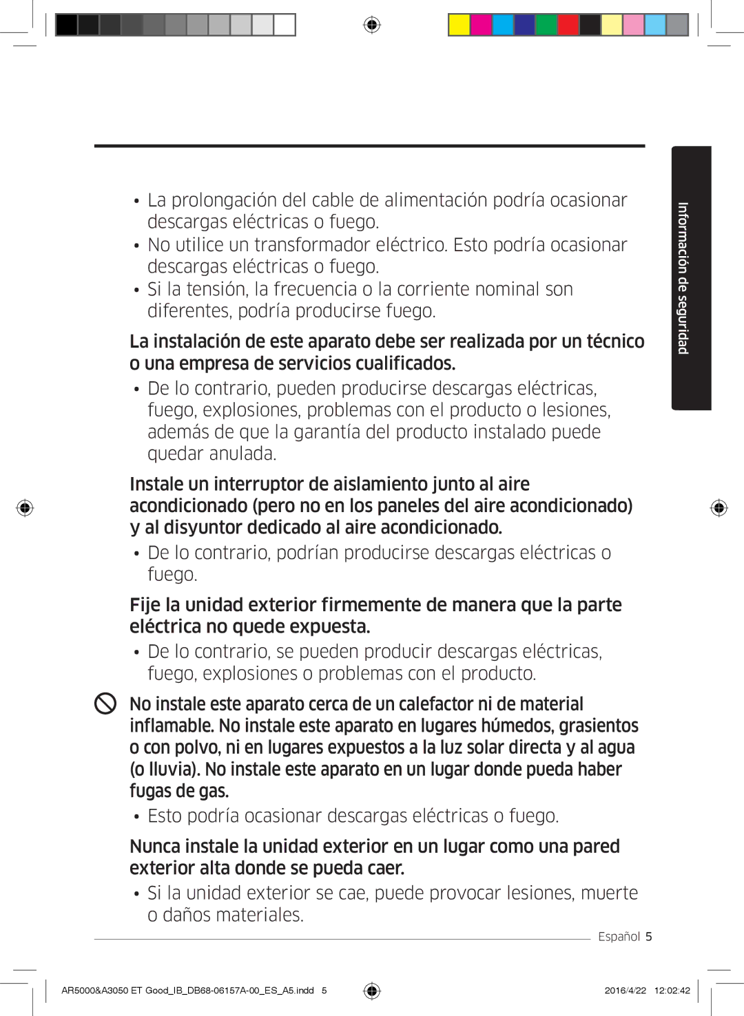 Samsung AR09HSFNCWKNET, AR09HSFNBWKNET, AR12HSFNBWKNET, AR09HSFSBWKNET, AR07HSFNBWKNEU manual Información de seguridad 