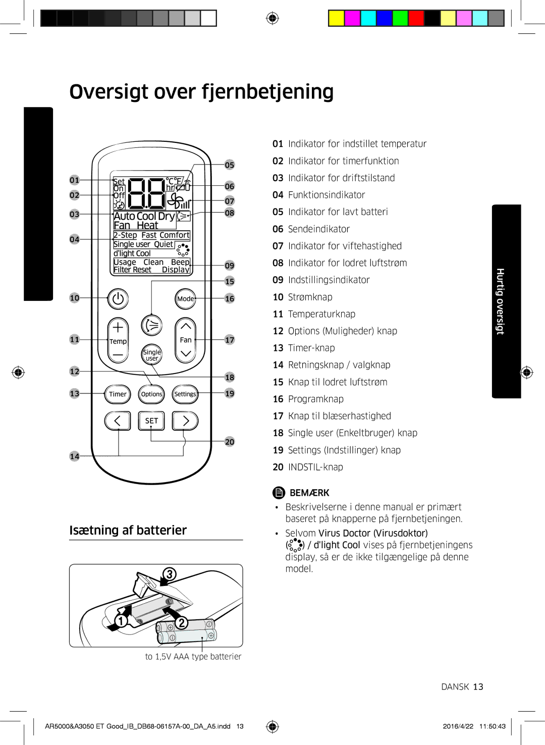 Samsung AR09HSFSBWKNET, AR09HSFNBWKNET, AR12HSFNBWKNET, AR07HSFNBWKNEU Oversigt over fjernbetjening, Isætning af batterier 