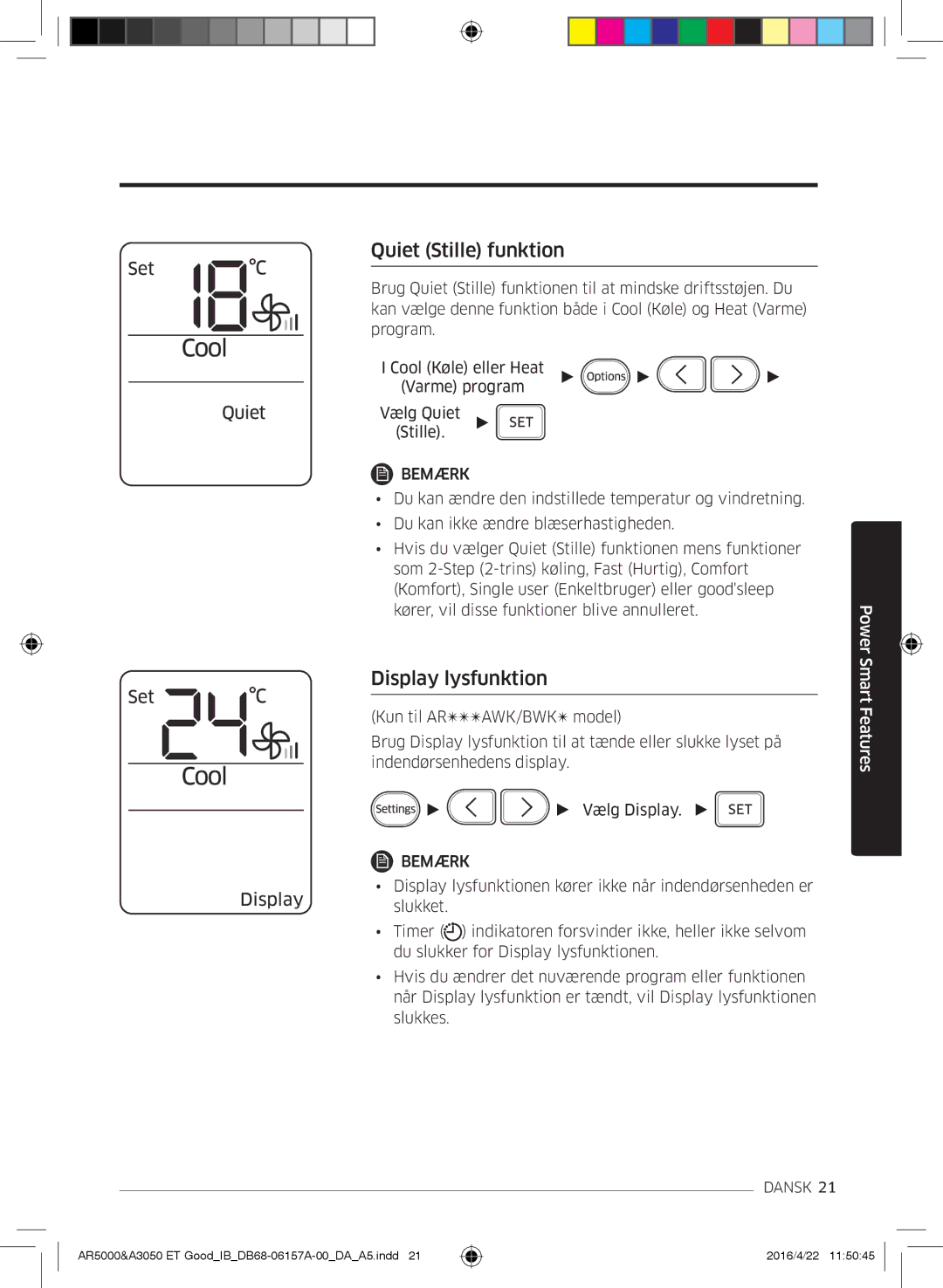 Samsung AR12HSFSAWKNET, AR09HSFNBWKNET, AR12HSFNBWKNET, AR09HSFSBWKNET manual Quiet Stille funktion, Display lysfunktion 