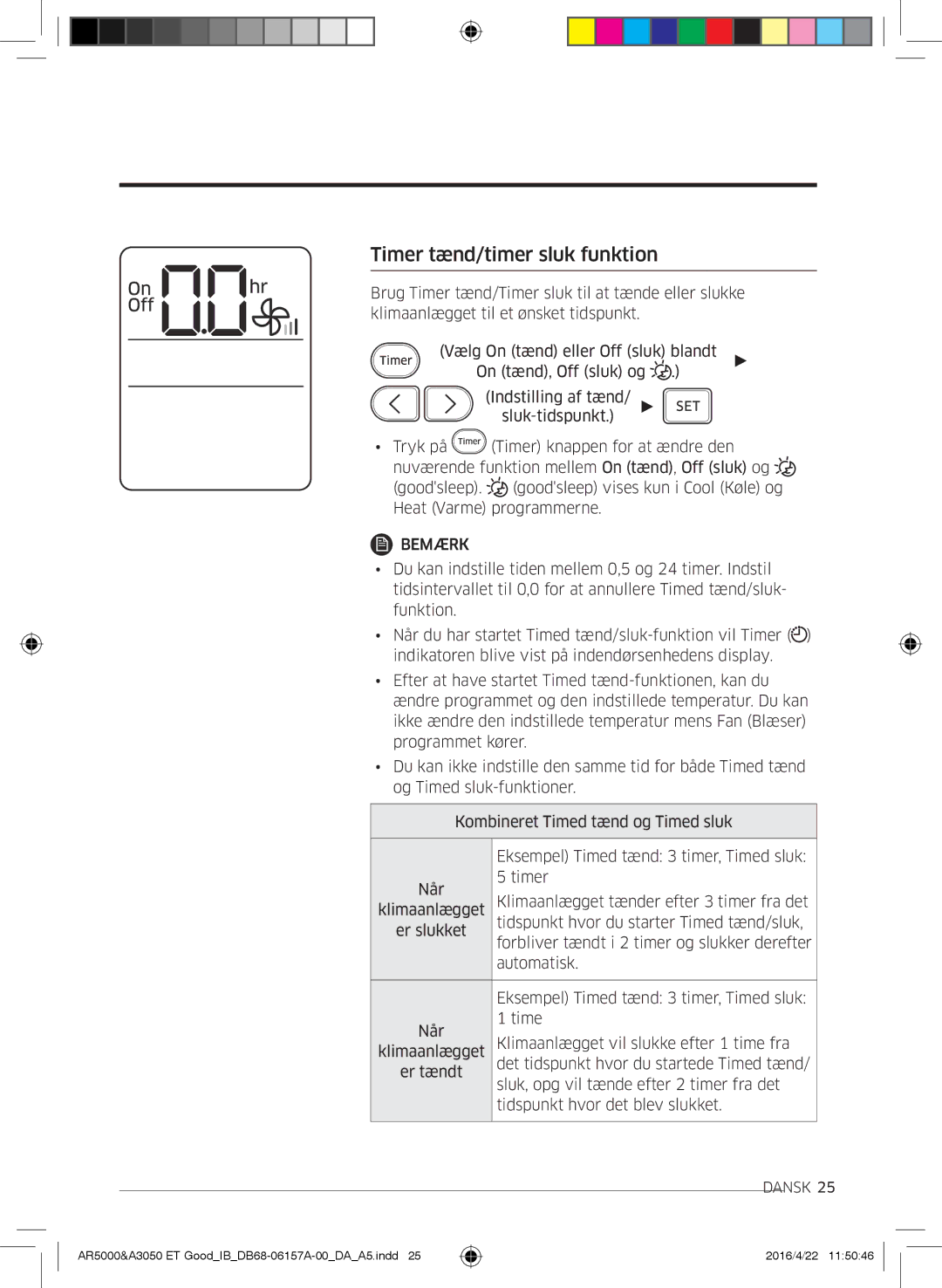 Samsung AR09HSFSBWKNET, AR09HSFNBWKNET, AR12HSFNBWKNET, AR07HSFNBWKNEU, AR12HSFSAWKNET manual Timer tænd/timer sluk funktion 