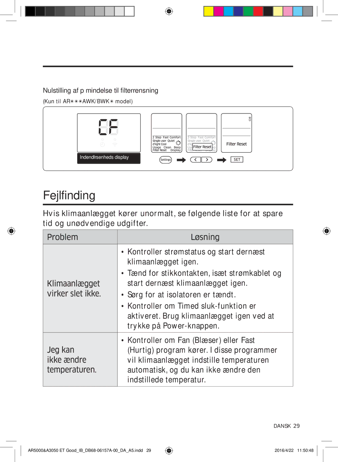 Samsung AR09HSFNBWKNET, AR12HSFNBWKNET, AR09HSFSBWKNET manual Fejlfinding, Nulstilling af påmindelse til filterrensning 