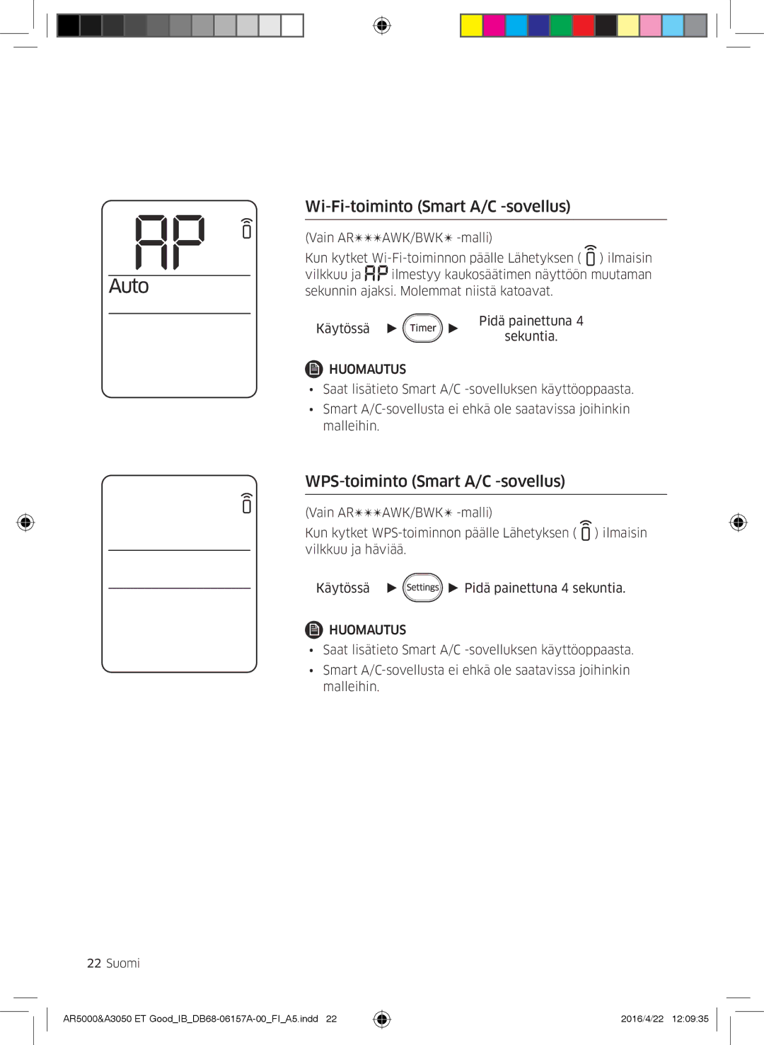 Samsung AR07HSFSAWKNEU, AR09HSFNBWKNET, AR12HSFNBWKNET Wi-Fi-toiminto Smart A/C -sovellus, WPS-toiminto Smart A/C -sovellus 